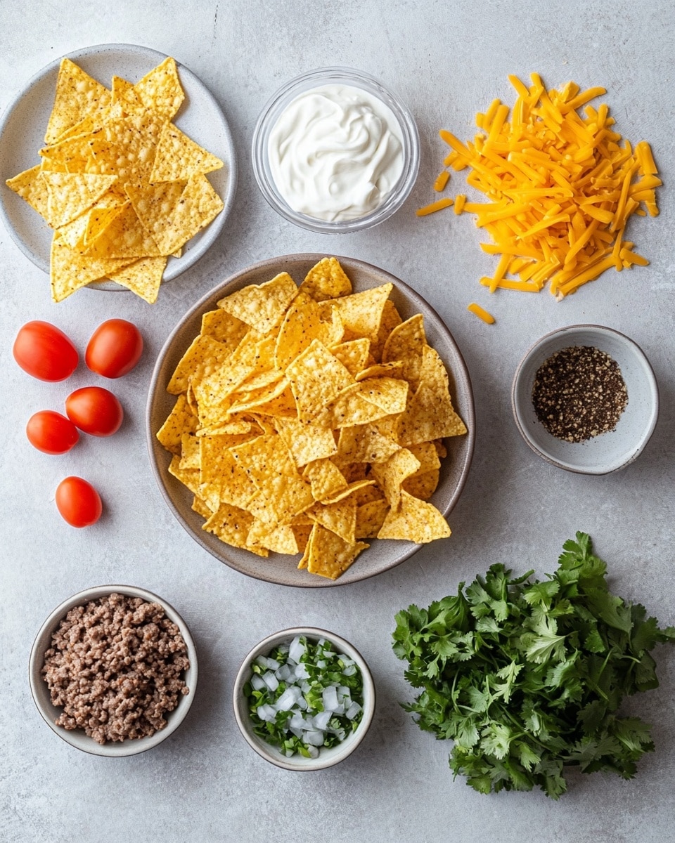 A white plate on a white marbled surface holds crispy tortilla chips topped with a layer of melted orange and white cheese, browned ground meat, drizzled white sauce and scattered small red tomato pieces, as well as green herb leaves. A woman's hand is lifting one loaded chip, stretching melted cheese between the chip and the plate. Around the plate, there are white bowls with bright green chopped herbs and red diced tomatoes. A black and white patterned cloth is partly under the plate. photo taken with an iphone --ar 4:5 --v 7