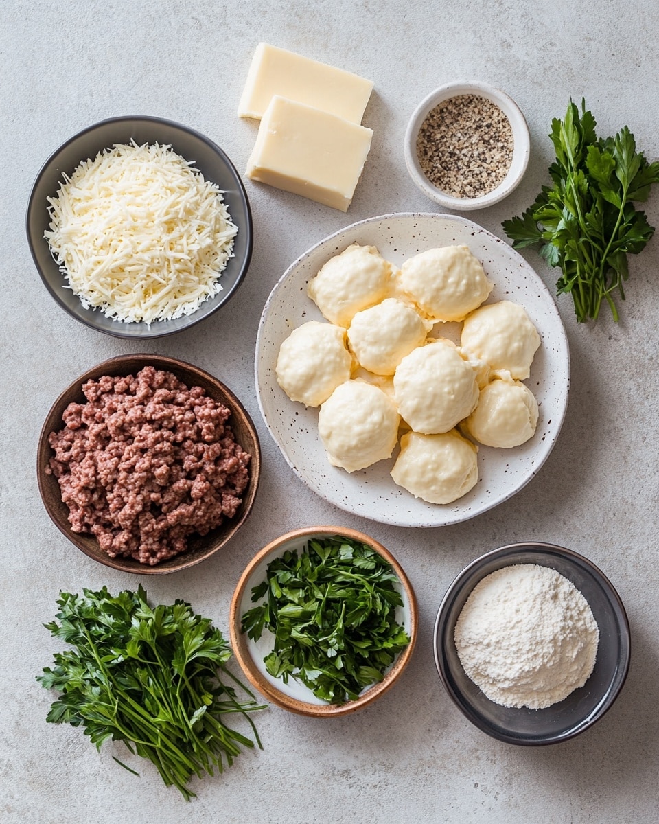 The image shows seven fluffy biscuit squares arranged close together. Each biscuit has three clear layers: a soft, light beige dough base, a rich brown cooked ground meat layer in the middle, and a melted orange-yellow cheese layer on top that looks creamy and slightly shiny. The cheese layer is sprinkled with small green herb pieces for color contrast. One biscuit in the front is slightly separated to reveal the ground meat inside, giving a view of the textured filling. The biscuits sit on a dark wooden surface, with some green blurred leaves in the background. Photo taken with an iphone --ar 4:5 --v 7