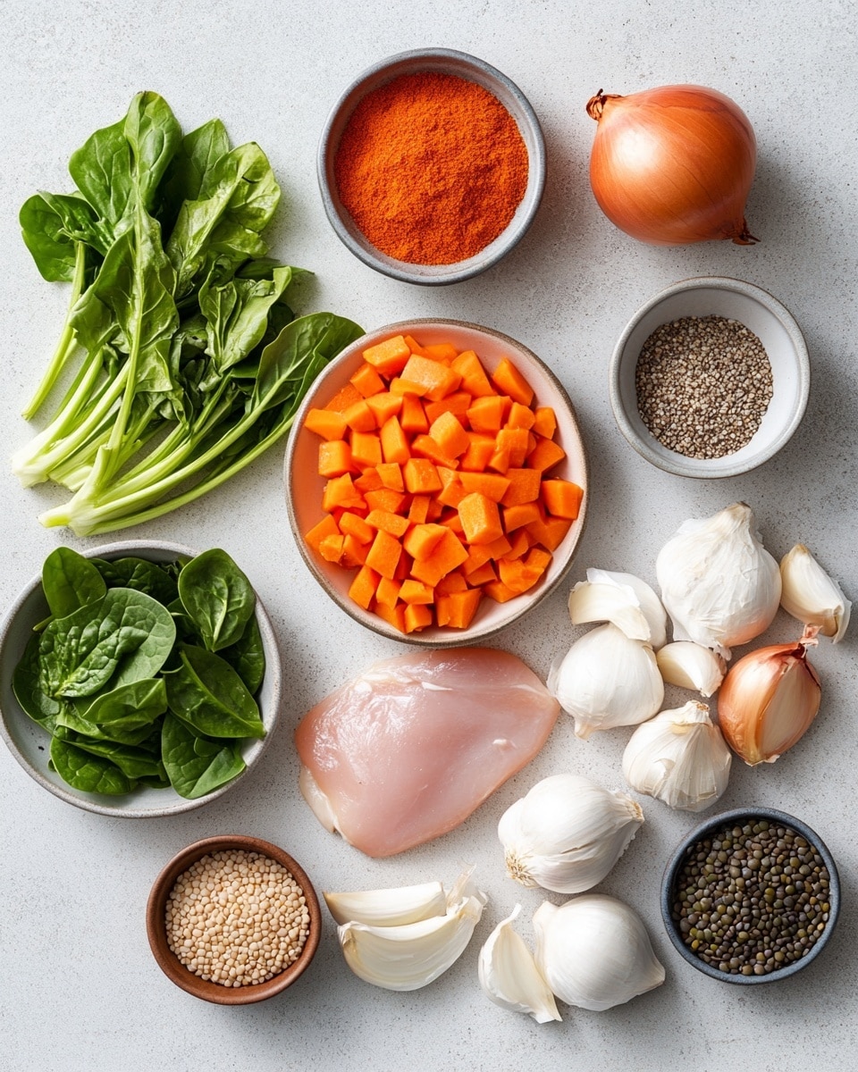 A close-up view of a large copper pot filled with a thick lentil stew showing a mix of green lentils and chunks of cooked chicken evenly spread within a golden brown broth. Bright green spinach leaves float on top, along with small pieces of red and orange vegetables scattered throughout the stew, adding color contrast. Near the pot on a white marbled surface, a clear glass bowl holds yellow split peas, some peas scattered around, and a soft beige cloth slightly under the pot’s handle. The photo taken with an iphone --ar 4:5 --v 7