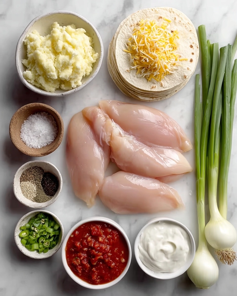 The image shows three pieces of raw light pink chicken on a white marbled surface, surrounded by small white bowls filled with different ingredients. To the top left, there is a bowl of yellowish crumbly cheese, next to a small wooden bowl of coarse white salt. To the right, there is a neat stack of light yellow shredded cheese spread over a stack of white tortillas. Below the chicken, there is a bowl with a chunky red salsa, a bowl of smooth white sauce, a bowl of finely chopped green salsa, and a bowl of black pepper. On the far right, a bunch of fresh green onions with white bulbs rests on the surface. The overall arrangement is clean and organized. photo taken with an iphone --ar 4:5 --v 7