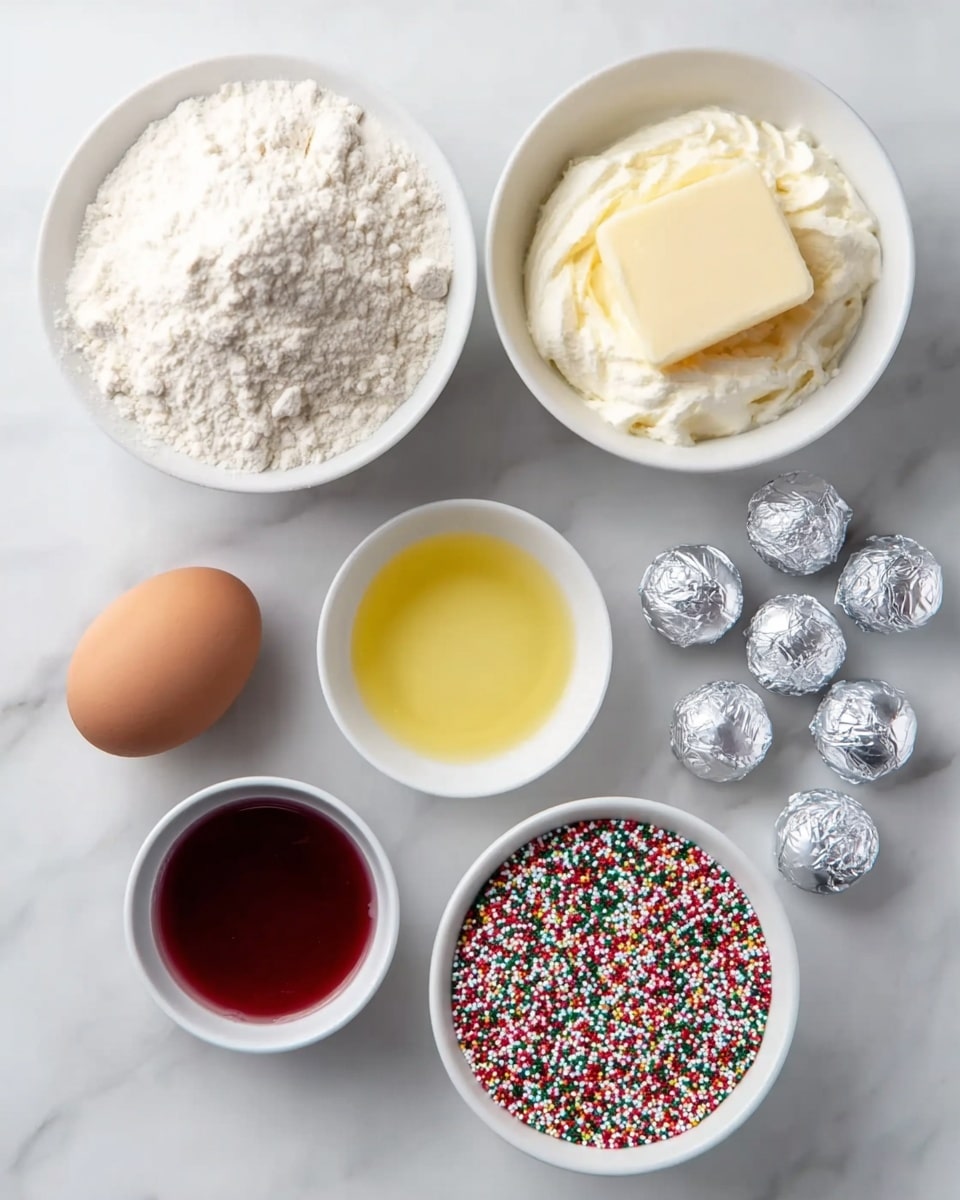 A top-down view of seven ingredients arranged on a white marbled surface. There is a white bowl of flour with a fine, powdery texture at the center right. Above it is a white bowl filled with light yellow liquid oil, smooth and clear. To the left of the oil, a white bowl holds white creamy ricotta cheese topped with a square piece of pale yellow butter. Below the ricotta, a brown egg lies on the surface. A small white bowl with dark red liquid, likely food coloring, sits to the left of the flour. Below that, another small white bowl is filled with tiny, colorful round sprinkles in red, green, pink, blue, and white. To the right of the sprinkles, there are seven silver-wrapped Hershey’s Kisses chocolates, shiny and piled together. photo taken with an iphone --ar 4:5 --v 7