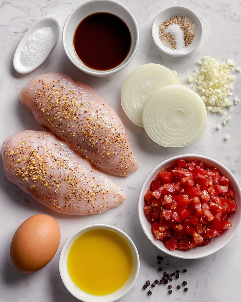 The image shows two raw chicken fillets in the center, pale pink with a few specks of seasoning. Above the fillets are two slices of white onion and scattered black peppercorns. To the left, a brown egg sits next to a small white bowl filled with dark soy sauce. Below the egg is another white bowl filled with yellow olive oil. In the middle near the bottom, there are small chopped white garlic pieces. To the right, a white bowl holds diced red tomatoes with visible seeds. The ingredients are placed on a white marbled surface with some salt and pepper sprinkled around. Photo taken with an iphone --ar 4:5 --v 7