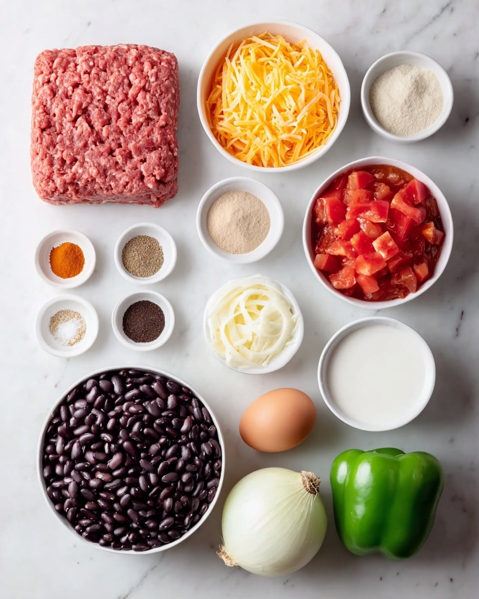 A group of fresh cooking ingredients is neatly arranged on a white marbled surface. Starting from the top left is a thick, square block of raw ground meat with a textured, pinkish-red surface. To its right, there is a small white bowl filled with finely shredded yellow and white cheese, and below that bowl is another white bowl with bright red, chunky diced tomatoes in a slightly liquid base. Below the tomatoes is a white bowl full of shiny, black beans, and directly to the left of the beans is a white bowl with pale beige beans. To the far left of the beans, a whole green bell pepper with a smooth, glossy surface sits close to a whole white onion with a smooth outer layer. Near the bottom left are two small white bowls; one contains divided spices including a dark red spice, a gray spice, and white salt, and the other contains a beige powder. Below the spices and to the right sits a single brown egg with a smooth shell, and at the bottom right corner is a white bowl filled with white liquid, likely milk. The items are spaced evenly, giving a clean and organized look. photo taken with an iphone --ar 4:5 --v 7