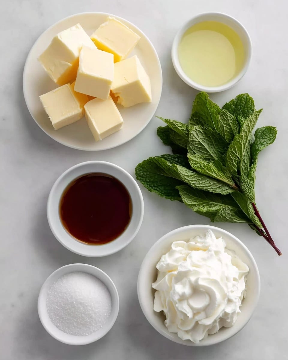 The image shows six cubes of pale yellow butter stacked near the center left on a white marbled surface. Above the butter is a small white bowl with a clear light yellow liquid. To the right of the butter is a bunch of fresh green mint leaves, with detailed texture visible on each leaf. Below the butter, there are two small white bowls: the left one filled with white granulated sugar and the right one filled with white whipped cream that has soft peaks. Between the mint and the bowls is a white bowl containing a dark red liquid with a shiny surface. The arrangement is neat and the lighting is soft and natural, all on a white marbled surface, photo taken with an iphone --ar 4:5 --v 7