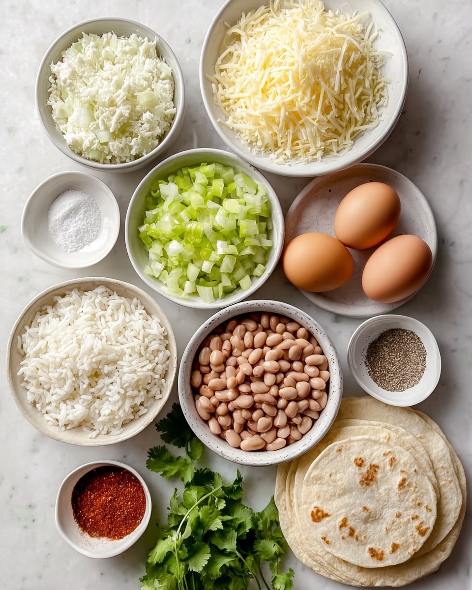 The image shows an overhead view of various ingredients neatly arranged on a white marbled surface. There are ten small white bowls and three eggs scattered around. From the top left, a bowl is filled with fluffy white rice, next to it is a bowl of light brown beans. Below the rice, a bowl holds finely chopped green and white vegetables, likely celery and onions. In the middle, a small bowl contains red chili powder, beside it a bowl of white salt, and below that a bowl of black pepper. To the right, near the three brown eggs, is a bowl with shredded yellow cheese, and below that, a bowl filled with finely chopped white onion. On the bottom left, there is a stack of small white tortillas, next to fresh green leaves of cilantro. The overall visual is clean, fresh, and organized with muted natural colors on white ceramic bowls, photo taken with an iphone --ar 4:5 --v 7