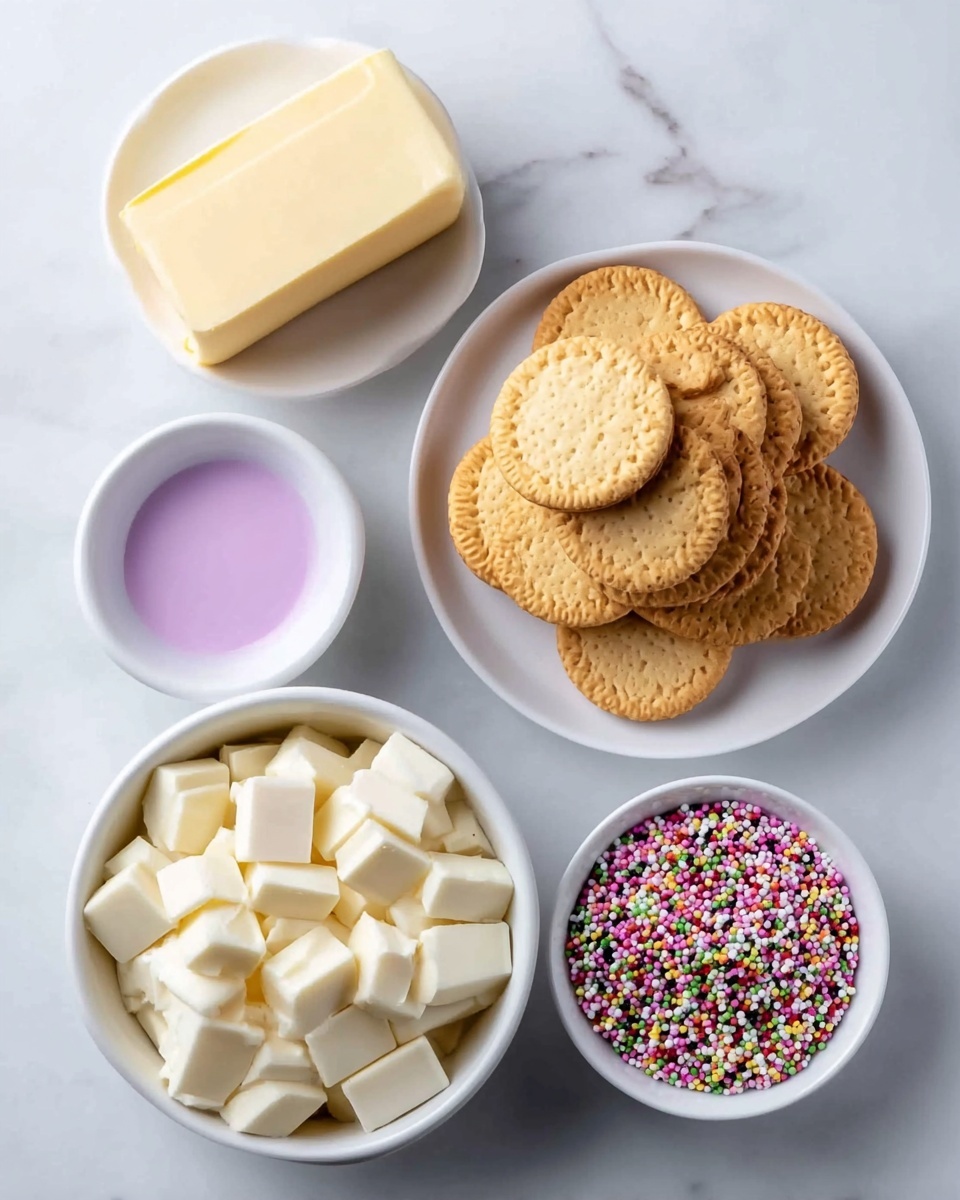 The image shows a white marbled surface holding five white bowls and a block of butter. The block of butter is pale yellow and rectangular with smooth sides, placed on the top left. To the right, a white oval plate holds eight round golden sandwich cookies with a patterned top layer arranged in a slightly overlapping way. Below the butter, a small white bowl contains a bright pink liquid. To its left, a larger white bowl is filled with creamy white cubed pieces resembling white chocolate. On the bottom right, a small white bowl holds tiny round sprinkles in white, pink, green, yellow, and black colors. Photo taken with an iphone --ar 4:5 --v 7