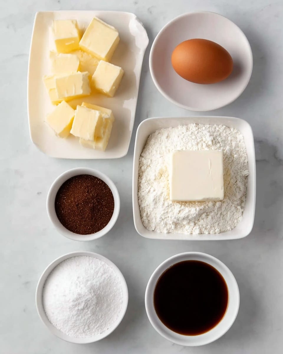 The image shows six ingredients arranged neatly on a white marbled surface. There is a white rectangular dish at the top left filled with several chunks of pale yellow butter. To the right of it, there is a single brown egg placed directly on the surface. Below the butter, a white round bowl contains dark brown granulated sugar. Next to it on the right, a white square dish holds a mound of white flour with a slab of the same flour resting on top. Below the dark brown sugar, a white round bowl is filled with white powdered sugar. To the right of this is another white round bowl filled with a dark brown liquid, likely vanilla extract. The composition is clean and organized, with the colors mostly soft whites and browns, and the textures range from smooth liquids to coarse sugar and powdery flour photo taken with an iphone --ar 4:5 --v 7