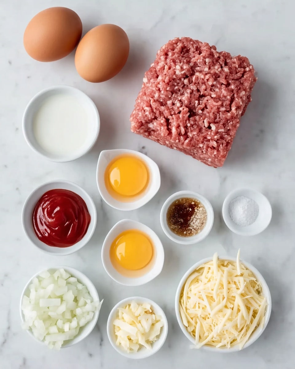 The image shows a flat lay of ingredients on a white marbled surface. In the center is a block of raw pink ground meat. Above it, starting from left to right, are two brown eggs and a round white bowl filled with a white liquid. To the right of the meat is a white bowl filled with red ketchup. Below the eggs, a white bowl contains a raw egg yolk. In the middle under the meat is a pile of small white chopped onions. Next to the onions on the right side is a small white bowl filled with white salt. Below the onions on the left side is a white bowl holding a dark brown sauce topped with some coarse salt. On the bottom right is a white bowl with shredded pale yellow cheese. Photo taken with an iphone --ar 4:5 --v 7
