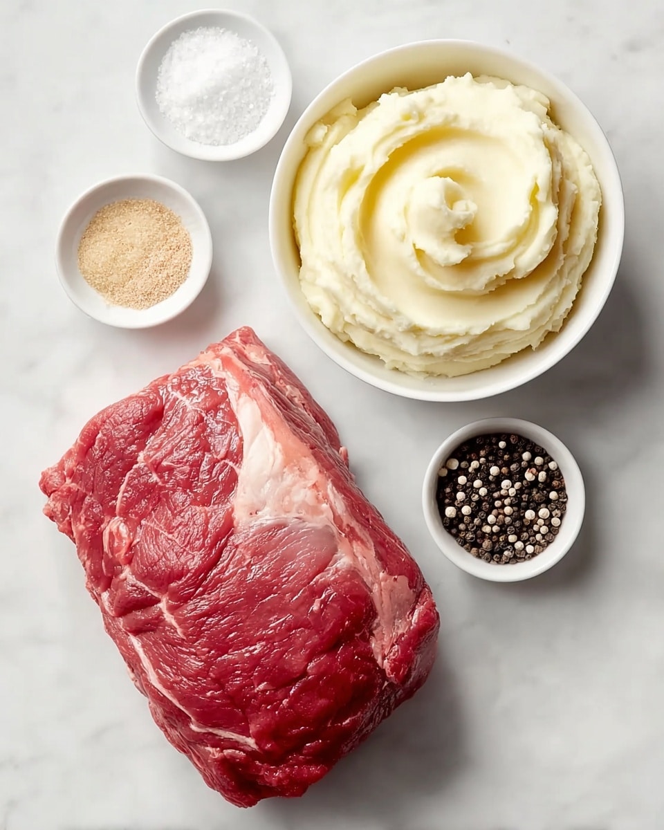 A large piece of raw red meat with visible white fat lines sits on a white marbled surface, positioned at the bottom left. Above the meat, a white bowl filled with a fluffy, creamy layer of mashed potatoes sits at the top right. Surrounding these main items are three small white bowls arranged in a loose triangle: the top left bowl contains light brown granulated seasoning, the bottom left bowl holds coarse white salt, and the bottom right bowl is filled with mixed black and white peppercorns. The overall scene is bright and clean. photo taken with an iphone --ar 4:5 --v 7