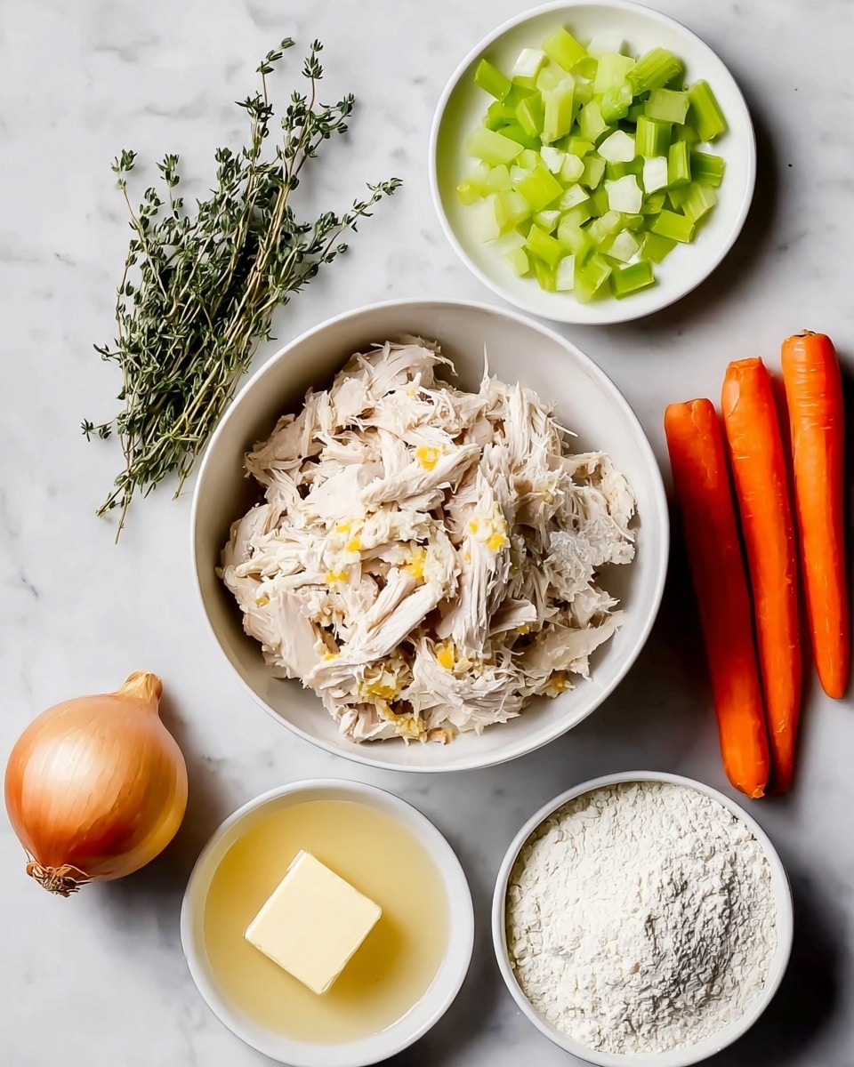 The image shows ingredients neatly arranged on a white marbled surface. At the center top is a white bowl filled with shredded cooked chicken mixed with small pieces of yellow. Around it, from left to right, there is a small bunch of thyme, a whole brown onion, chopped green celery in small cubes, and three whole orange carrots. Below these, from left to right, are a small white bowl filled with yellow liquid, a white bowl full of white flour, and a small white plate holding a square piece of butter. The scene is bright and clean, with no other items present. Photo taken with an iphone --ar 4:5 --v 7