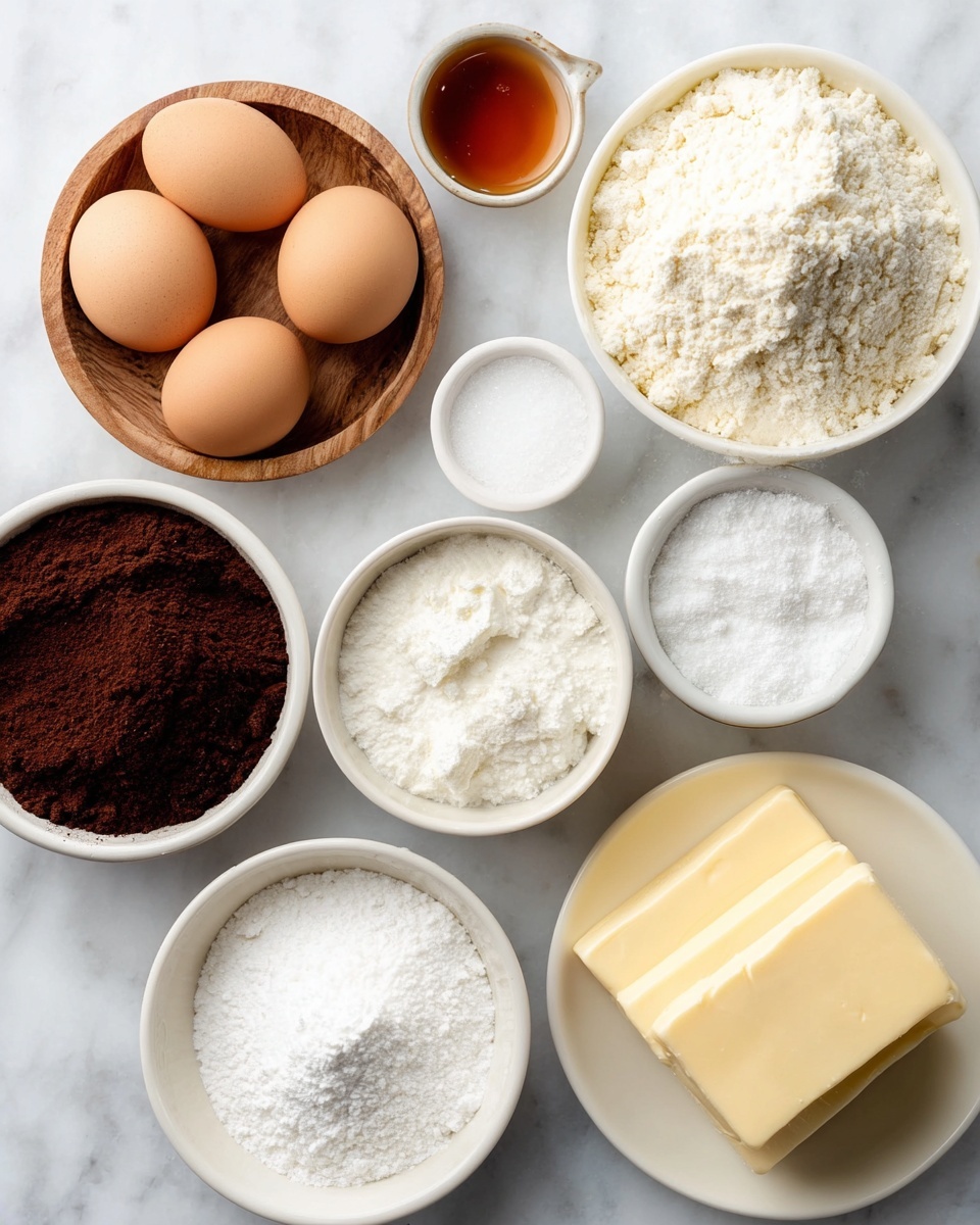 The image shows eight baking ingredients arranged on a white marbled surface. There are two brown eggs and one lighter brown egg positioned at the top left. Below them is a small wooden bowl filled with coarse salt. To the right of the eggs, there is a large white bowl filled with white flour. Next to it is a small white bowl containing dark amber vanilla extract. Below the vanilla extract is a white plate with two thick rectangles of pale yellow butter. In the center is a white bowl heaped with white granulated sugar, and at the bottom left is another white bowl filled with dark brown cocoa powder. A small white bowl with white baking powder is between the sugar and salt. The ingredients are organized neatly with soft natural light shining on them. Photo taken with an iphone --ar 4:5 --v 7