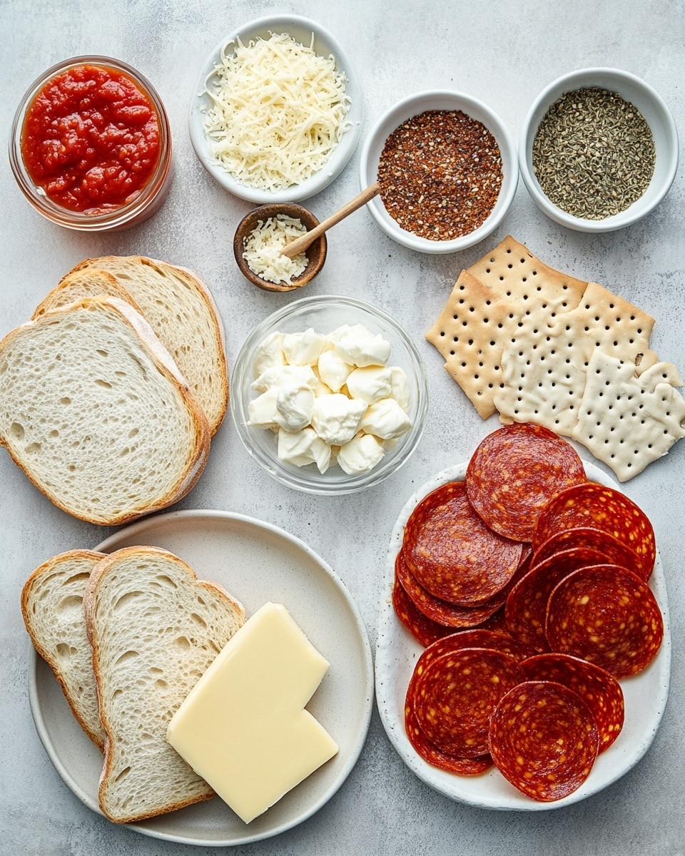 Two grilled cheese sandwiches with pepperoni are stacked on a white marbled surface. Each sandwich has two thick slices of golden toasted bread with a crispy texture. Inside, the layers show melted white cheese with a creamy texture and bright red pepperoni slices that peek out, slightly bubbling from heat. The sandwiches are placed on white parchment paper, and in the background, there is fresh green leafy lettuce and a small clear glass bowl filled with red dipping sauce. The photo is close-up, showing the melting cheese and toasty bread in rich detail, photo taken with an iphone --ar 4:5 --v 7