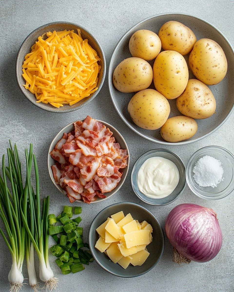 A white bowl filled with creamy potato soup that has a smooth light yellow-beige base. Inside the soup, there are soft potato chunks partly visible. On top, there is a layer made of bright orange shredded cheddar cheese strips, small crispy brown bacon pieces, and fresh green parsley leaves scattered evenly. The bowl is placed on a light beige cloth on a white marbled surface, and in the background, there are blurred fresh green herbs and a white bowl of shredded cheese. The image is clear and warm with soft natural light, showing textures from creamy soup to crisp toppings photo taken with an iphone --ar 4:5 --v 7