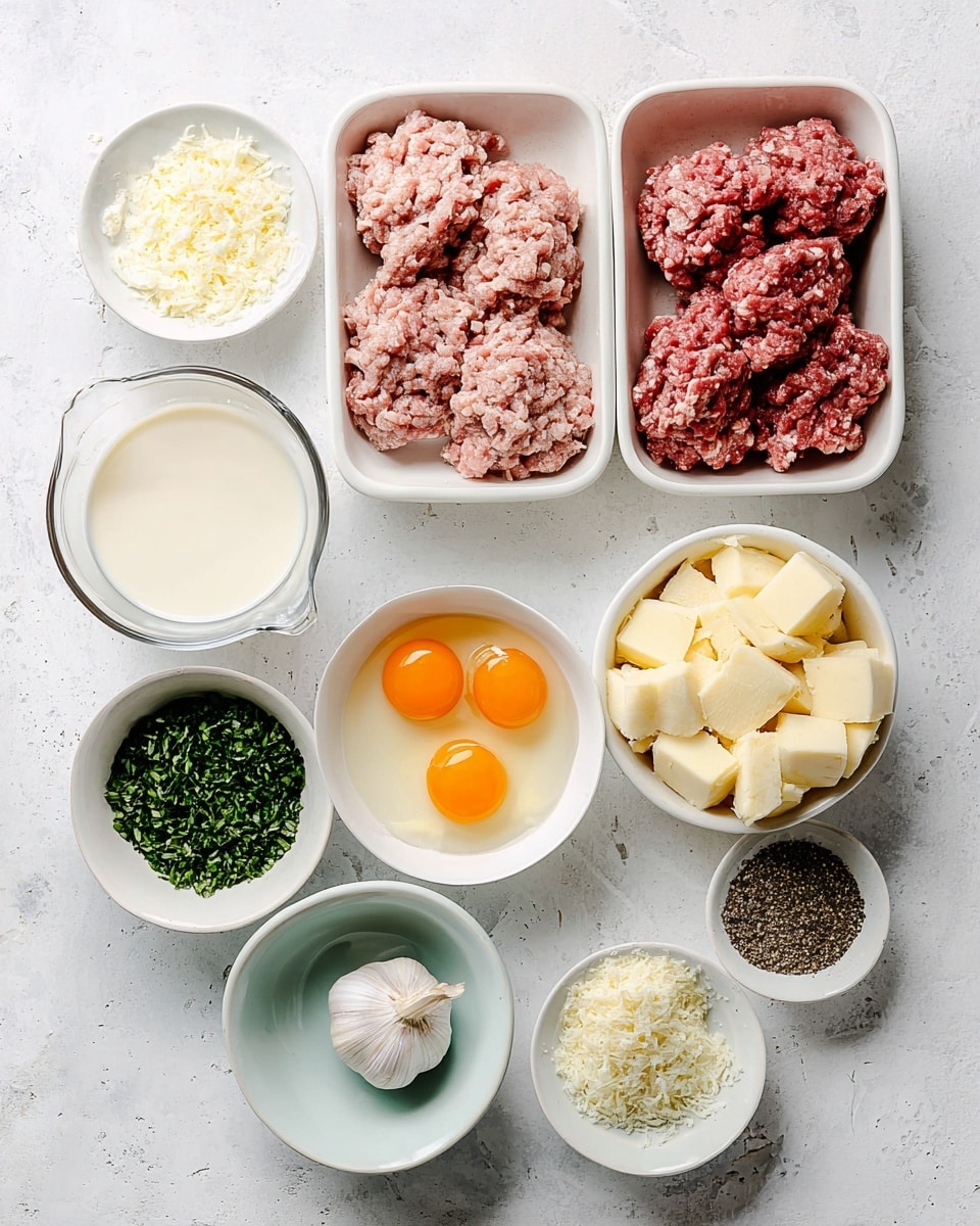 The image shows a white bowl filled with long spaghetti noodles at the bottom, cooked to a light golden color with some sauce coating them. On top of the spaghetti, there are seven meatballs covered in a chunky red tomato sauce sprinkled with small white cheese bits and green parsley flakes. Two of the meatballs are halved, revealing a meaty, brown inside with green herbs mixed in. A gold fork is partially inserted into the noodles on the right side of the bowl. The bowl is placed on a white marbled surface with a small white speckled dish containing grated cheese nearby, and a light green cloth is visible in the top left corner. Photo taken with an iphone --ar 4:5 --v 7