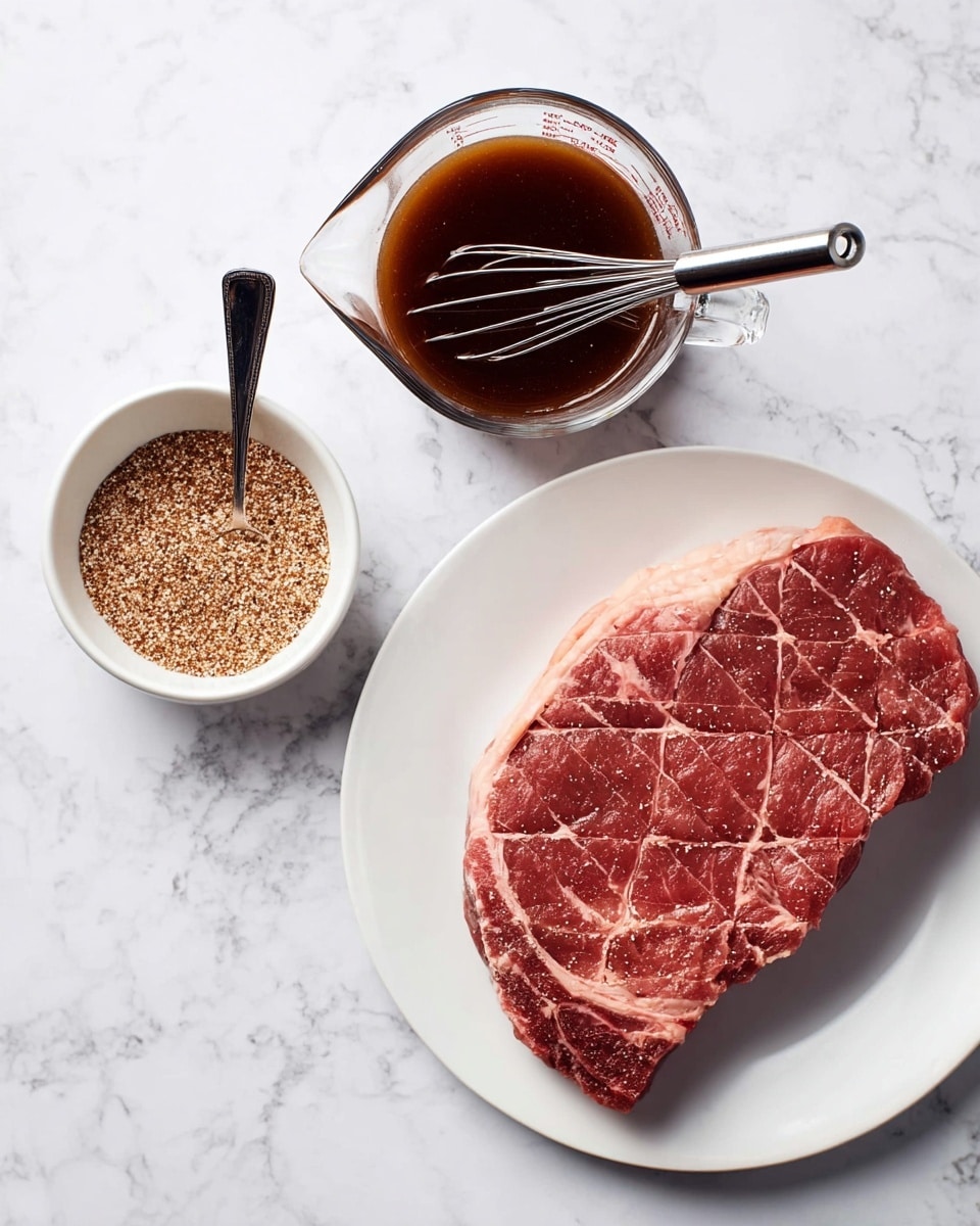 A large piece of raw red meat with white fat lines is placed on a white plate on the right side. On the left side, there is a glass bowl with a dark brown liquid and a metal brush inside it, and above it, a small white bowl filled with a coarse reddish-brown spice mix with some white granules, with a small metal fork resting in it. All items are on a white marbled surface. photo taken with an iphone --ar 4:5 --v 7