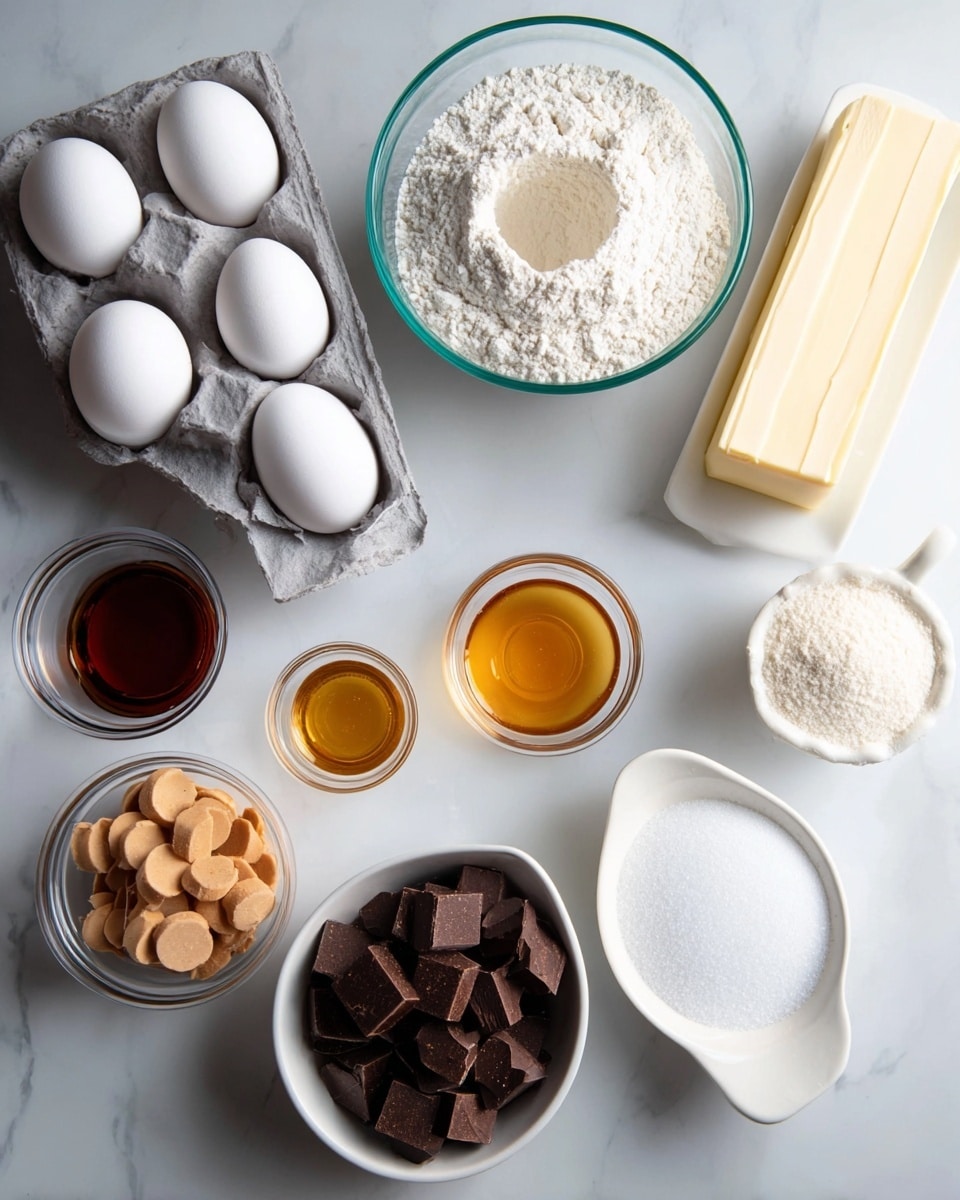 A top-down view of multiple baking ingredients arranged neatly on a white marbled surface. There is a clear glass bowl filled with white flour on the top left and a white plate holding a stick of butter with pale yellow color on the top right. Below the butter, there is a white ceramic cup filled with white granulated sugar. Next to the sugar is a small white bowl containing dark brown square chocolate pieces. At the bottom left corner, there is a white egg carton with three white eggs. Below the eggs, a clear glass bowl holds light brown butterscotch or caramel chips. Two small white bowls with spouts are placed centrally; one containing a dark brown liquid (likely vanilla extract) and the other holding a golden-yellow liquid (possibly oil or melted butter). To the bottom right, a small light green ceramic bowl holds fine white salt. All items are spaced apart on the smooth white marbled background, with soft natural lighting highlighting the textures. Photo taken with an iphone --ar 4:5 --v 7
