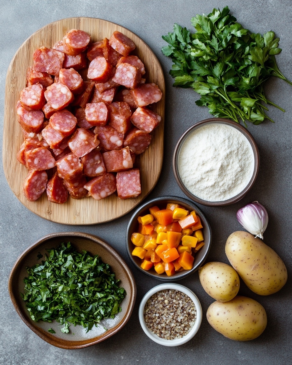 A close-up of a thick soup in a blue cast iron pot filled with a rich reddish-brown broth. The soup has many layers of ingredients including bright yellow corn kernels, dark red kidney beans, light yellow potato chunks, orange carrots, green peas, and small pieces of browned ground meat. The colors and textures mix throughout the soup, with some vegetables floating on top and others partially submerged. A silver ladle is resting inside the pot, partially covered by the soup. The pot is placed on a white marbled surface. photo taken with an iphone --ar 4:5 --v 7