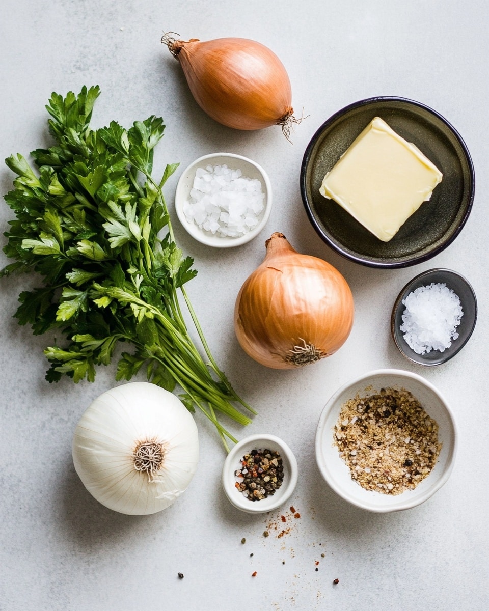 The image shows a single large cooked onion placed on the left side of a white plate, with a bed of white rice to its right. The onion is golden yellow with a shiny, oily texture, covered in reddish seasoning that looks like chili flakes and herbs. The seasoning oil pools around the base of the onion, creating a vibrant orange-red ring on the plate. The rice is plain and fluffy, with individual grains visible. The white plate sits on a white marbled surface, and in the top left corner, there is a small white bowl filled with a red spice mix. Photo taken with an iphone --ar 4:5 --v 7