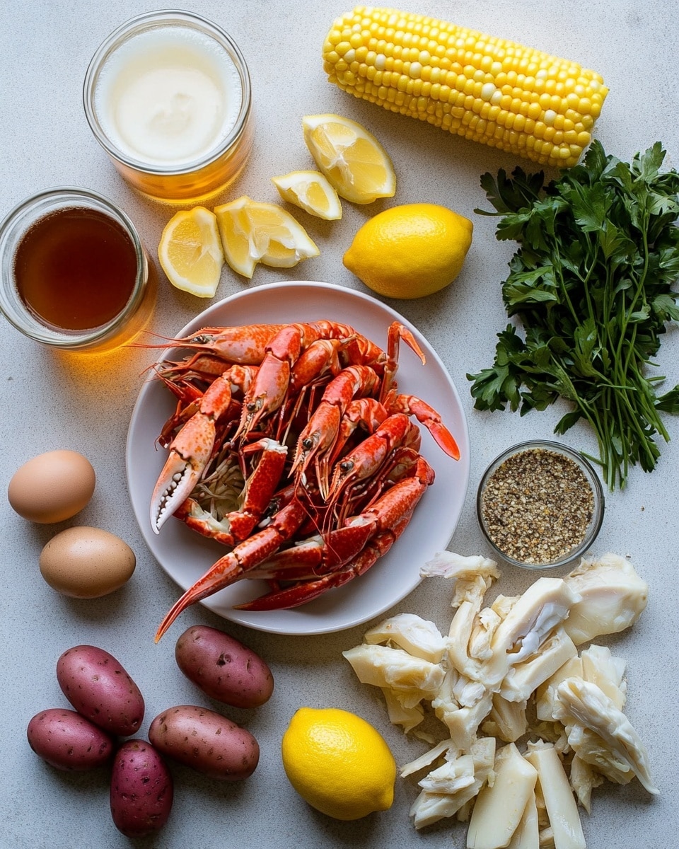 A large white tray is filled with a seafood boil showing bright orange crab legs and shrimp as the top layer, covered with green herbs and spices. Underneath, there are yellow corn on the cob pieces, whole baby potatoes in red and yellow colors, and white mushrooms scattered throughout. Lemon wedges add a touch of bright yellow on top. The food is coated with a glistening orange sauce that pools slightly at the bottom. A wooden spoon rests on the side of the tray, and a beige cloth is partly visible at the top right corner, all placed on a white marbled surface. photo taken with an iphone --ar 4:5 --v 7
