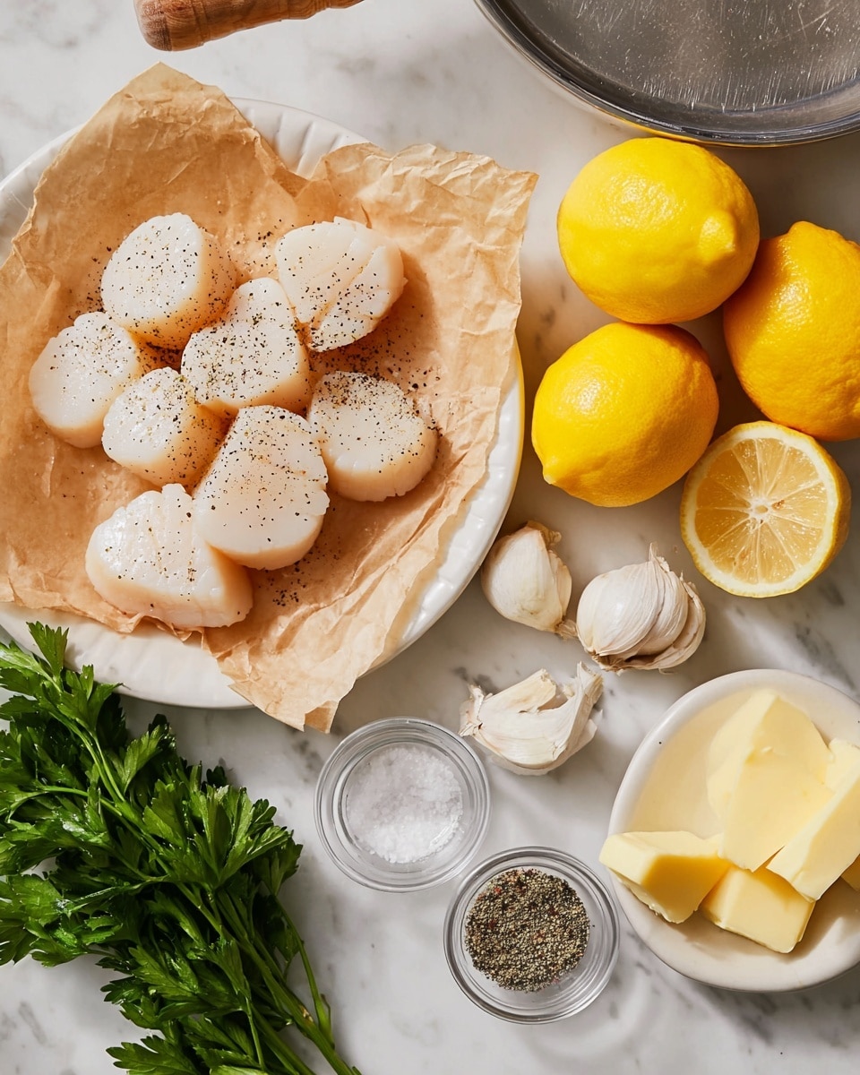 A white plate lined with beige parchment paper holds a pile of small, white scallops speckled with black pepper, placed in the bottom left corner. To the right, on a white marbled surface, are two whole yellow lemons, one sliced in half showing its juicy interior, three garlic cloves with smooth skin, two small glass bowls filled with coarse salt and crushed black pepper, a stick of yellow butter partly unwrapped and sliced into chunks, a wooden lemon juicer, and a bunch of fresh green parsley with detailed textured leaves. The edge of a large silver pan with a shiny surface is at the top left. All items are arranged neatly and naturally, with soft lighting. photo taken with an iphone --ar 4:5 --v 7