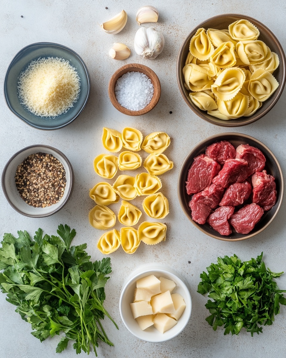 A close-up view of a pan filled with tortellini pasta, light yellow in color with a smooth texture, mixed with juicy pieces of brown cooked meat and bright green slices of bell pepper. A silver spoon is pouring creamy white sauce speckled with black pepper and red flakes over the pasta and meat, adding a thick and rich layer. Small green herbs are sprinkled throughout, adding a fresh touch. The background shows a warm kitchen setting with a white marbled texture surface under the pan. Photo taken with an iphone --ar 4:5 --v 7