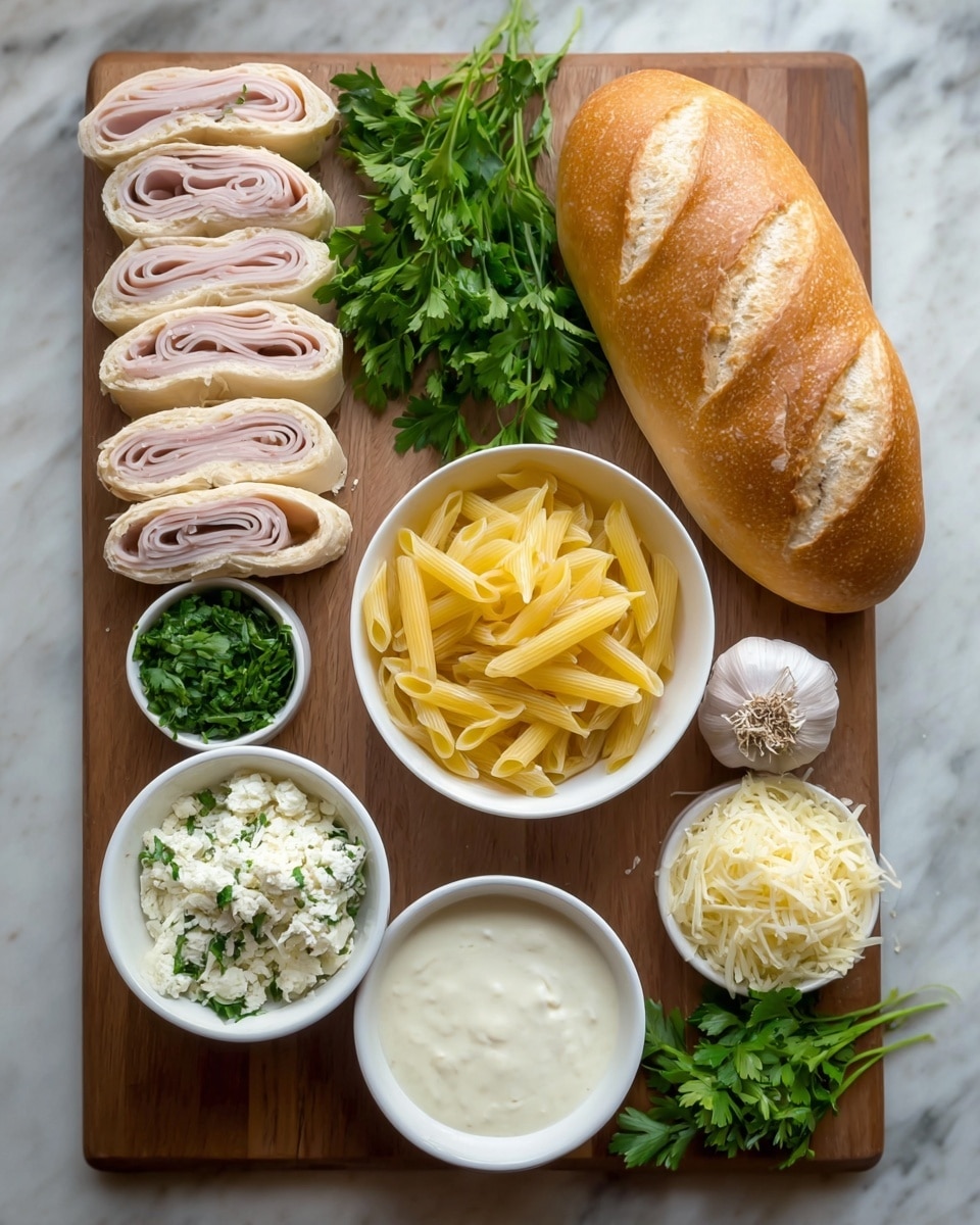 A wooden board holds several food items arranged neatly: a white bowl in the center filled with pale yellow cooked pasta, surrounded by four small white bowls with different white or greenish creamy sauces or cheese. To the left side are four small sandwich pieces with light pink slices of deli meat wrapped around white bread. On the upper right is a long white baguette with golden brown crust and diagonal cuts on top. Green parsley sprigs are placed at the top center and right side near two whole bulbs of garlic with purple-tinged layers. The background is a white marbled texture photo taken with an iphone --ar 4:5 --v 7