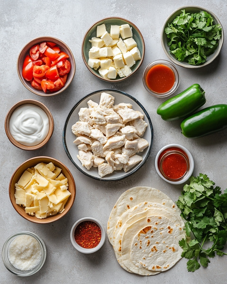 A stack of three toasted quesadilla triangles is shown on a wooden board. Each quesadilla has a crispy golden brown outer layer with some darker charred spots and is sprinkled with small green herbs. Inside each layer, there is melted white cheese mixed with pieces of shredded light brown chicken, and creamy white sauce with green herbs visible flowing out slightly from the edges. The texture looks crunchy outside and soft with gooey melted cheese and sauce inside. The background has a white marbled texture. photo taken with an iphone --ar 4:5 --v 7