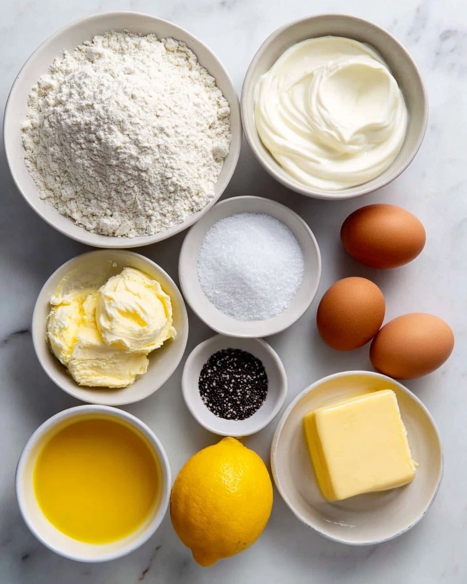 The image shows eight ingredients arranged neatly on a white marbled surface. There are five white bowls, each containing different ingredients: one filled with a mound of white flour, another with smooth white cream or sour cream, a third bowl with a fluffy pale yellow butter, the fourth contains a bright golden-yellow liquid, possibly melted butter or oil, and the last bowl has a small square of solid yellow butter sitting in a clear liquid, likely oil. Next to these are a small white bowl filled with tiny black seeds or poppy seeds, three light brown eggs, a bright yellow lemon, and a small white bowl of white granulated sugar. The arrangement is clean and well-lit, showing clear texture differences among the ingredients. photo taken with an iphone --ar 4:5 --v 7