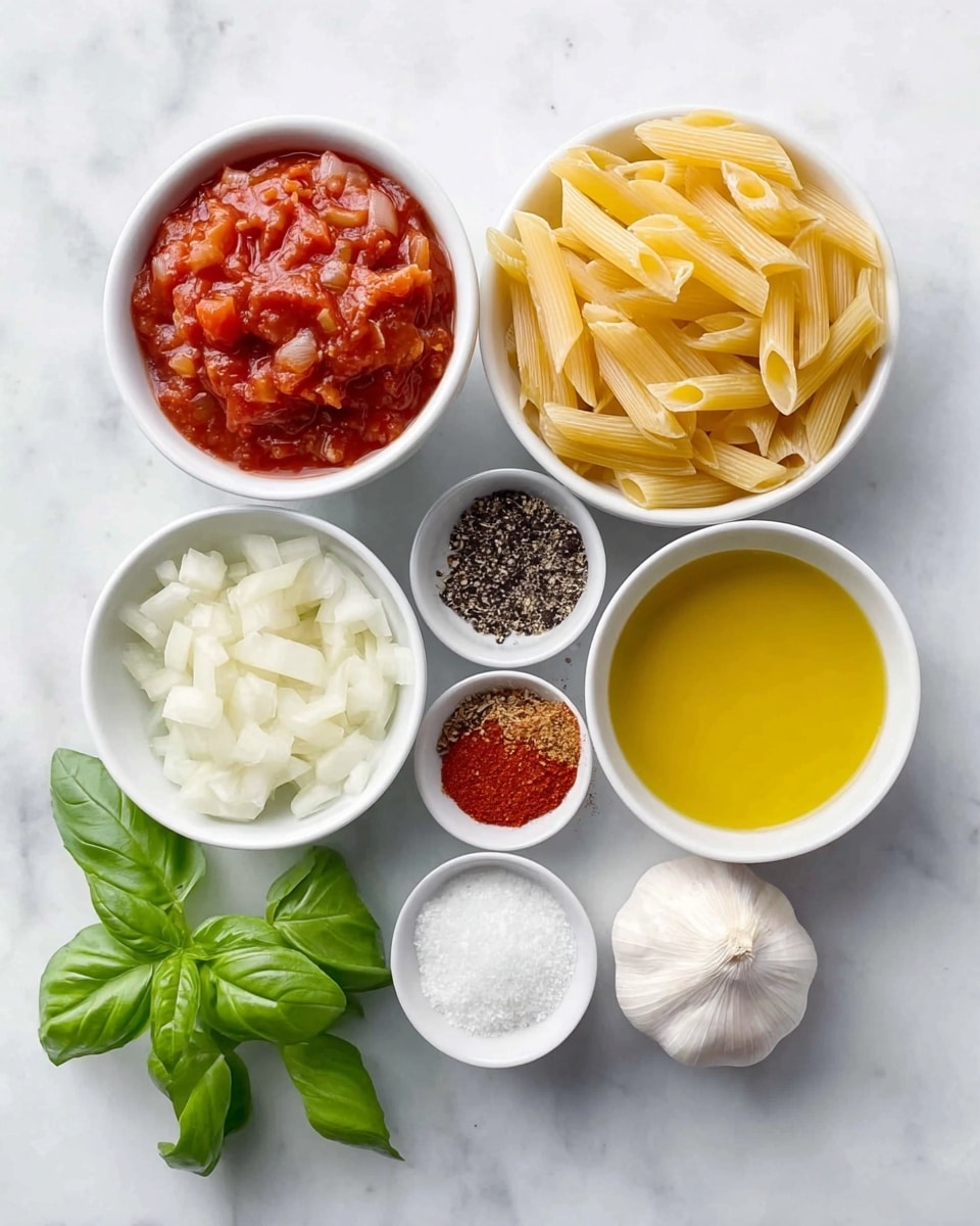 The image shows a white marbled surface with several ingredients arranged neatly. In the center is a white bowl filled with small, white chopped onion cubes. To the top left is another white bowl containing chunky red tomato sauce. Next to that on the top right is a pile of uncooked yellow penne pasta. Below the pasta is a small white bowl filled with golden yellow olive oil. At the bottom right are two cloves of garlic with light purple skin. Near the bottom center is a small white bowl with white coarse salt. To the right of that is another small white bowl containing black pepper and red chili powder. At the bottom left is a fresh green basil leaf cluster. Photo taken with an iphone --ar 4:5 --v 7