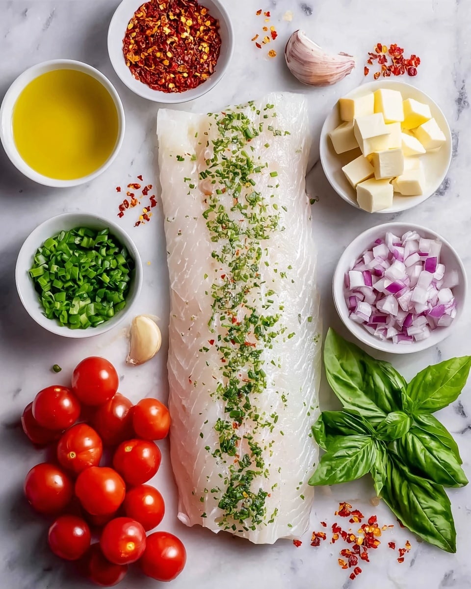 The image shows a thick, white fish fillet with a slight pink tint, lightly sprinkled with green herbs, placed in the center on a white marbled surface. Surrounding the fillet are small white bowls filled with olive oil, red chili flakes, cubed butter, chopped green onions, and diced red onions. Fresh basil leaves and a cluster of bright red cherry tomatoes rest to the right of the fillet, adding vibrant green and red colors to the composition. The ingredients are neatly arranged in a balanced, visually appealing way. Photo taken with an iphone --ar 4:5 --v 7