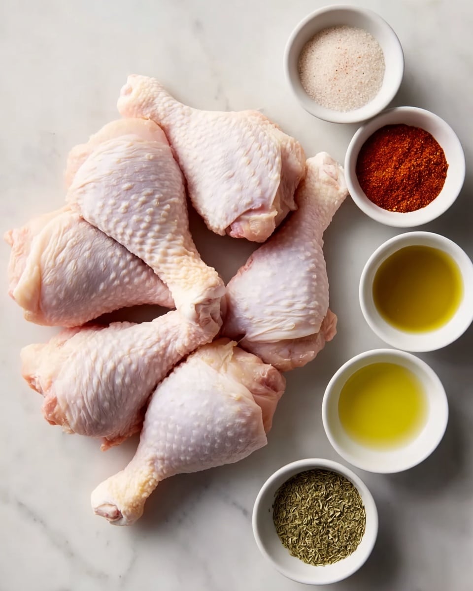 The image shows eight raw chicken drumsticks with pale pink and white skin, arranged in a loose pile on a white marbled surface to the left side. To the right, four small white bowls line up vertically, each containing a different ingredient: the top bowl is filled with fine reddish-brown spice powder, the next bowl holds bright yellow olive oil, followed by coarse light beige salt in the third bowl, and dried green herbs in the bottom bowl. The arrangement is clean and the colors contrast with the white marbled background. Photo taken with an iphone --ar 4:5 --v 7