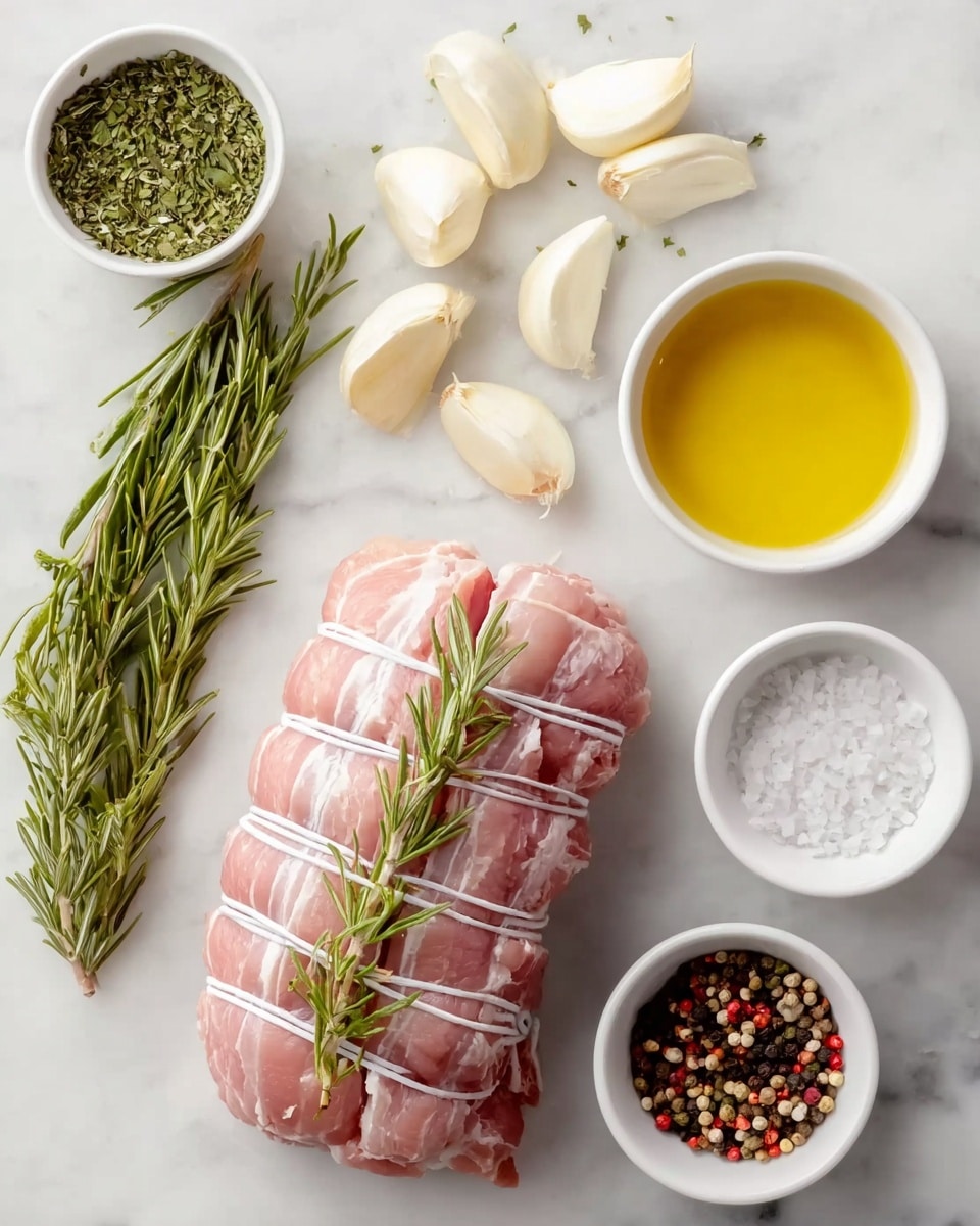 The image shows a tied piece of raw chicken with pale pink skin and white fat lines, placed at the bottom right on a white marbled surface. Around the chicken are small white bowls: one with green dried herbs at the top left, one with golden yellow olive oil at the top right, and one with coarse white salt mixed with black and red peppercorns at the middle right. In the center, there is a small pile of white garlic cloves with smooth skin. To the left of the chicken, there are fresh green rosemary sprigs with needle-like leaves. The scene is simple and clean, with all the ingredients neatly arranged. Photo taken with an iphone --ar 4:5 --v 7