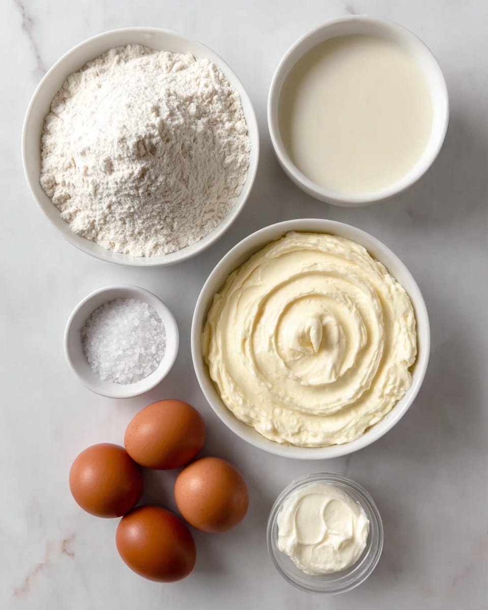 The image shows six cooking ingredients arranged neatly on a white marbled surface. There is a large white bowl filled with fine, light beige flour at the top left. To its right is a medium white bowl with smooth, creamy milk that is a pale off-white color. Below that is another white bowl filled with thick, white creamy butter, with soft swirls on the surface. At the bottom left are four brown eggs grouped closely. Next to the eggs is a small white bowl holding coarse white salt crystals. Finally, at the bottom right is a small white container with a bit of white sour cream or yogurt with a slightly lumpy texture. The overall look is clean and organized, with soft lighting. photo taken with an iphone --ar 4:5 --v 7