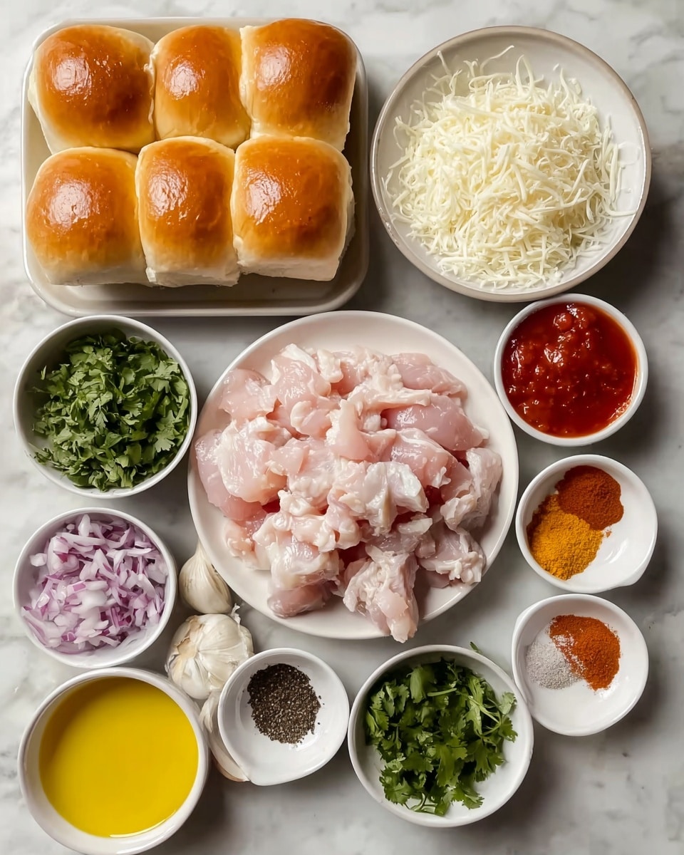 The image shows a white plate in the center with raw chicken pieces that are pale pink with some white fat parts. Around this main plate, there are several small white bowls arranged in a circle on a white marbled surface. Starting from the top left, there is a white plate with six shiny brown dinner rolls placed in two rows. To the top right of the rolls, a small white bowl is filled with shredded white cheese. Below that, a small bowl contains red sauce. Next to the sauce, there is a bowl with black pepper, two garlic cloves and some salt. At the bottom right, a white bowl holds chopped green cilantro leaves. Next, there is a bowl with chopped purple onions. To the bottom left, a bowl contains white yogurt. Above that is a bowl with a mix of spices in different colors: black, red, green, and beige. Another bowl next to the spice mix holds yellow melted butter, and lastly, a tiny bowl of light yellow liquid rests near the shredded cheese. Everything is placed neatly on the white marbled surface photo taken with an iphone --ar 4:5 --v 7