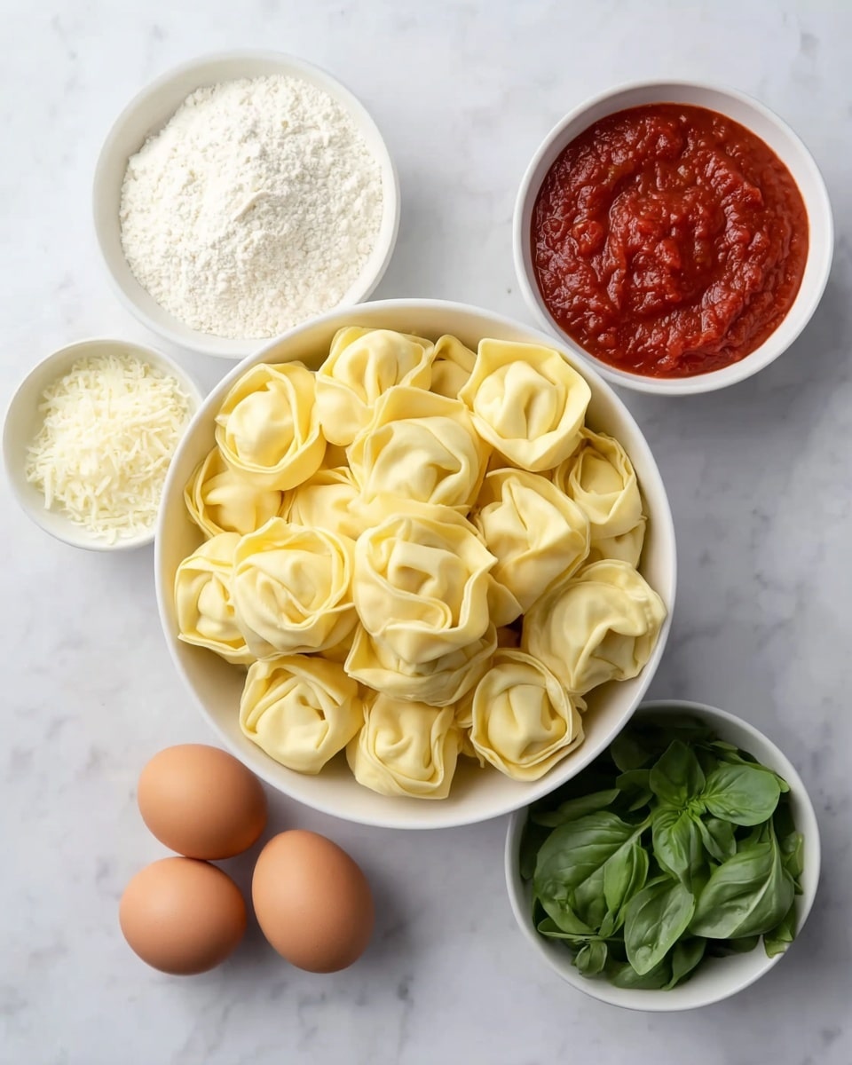 A white bowl filled with a pile of round, folded tortellini pasta with a pale yellow color sits at the center on a white marbled surface. Surrounding the bowl are three brown eggs at the top, a small white bowl of white flour on the left, a white bowl with grated white cheese below the flour, a white bowl of fresh green basil leaves next to the cheese, and a white bowl filled with thick red tomato sauce on the right. The composition is bright and neat, showcasing the fresh ingredients used to prepare the pasta. Photo taken with an iphone --ar 4:5 --v 7