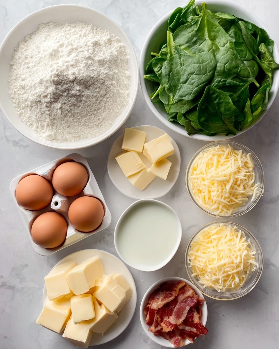 The image shows seven white dishes on a white marbled surface, each with different cooking ingredients. At the top left, a bowl is filled with white flour, which looks soft and powdery. To the right of it, there is a bowl full of dark green spinach leaves with a fresh, smooth texture. Below the flour, four brown eggs lie in a white tray, with three clear ice cubes beside them. In the center, a small white bowl contains creamy white milk. To the right of the milk, there is a white plate stacked with light yellow butter pieces in cubes. Below the butter, a white plate has crispy cooked bacon pieces with a mix of reddish and light brown colors and rough texture. Lastly, at the bottom left, a clear bowl is full of shredded yellow cheese with fine thin strands. The arrangement is neat and well-lit, with all ingredients visible and clearly separated. Photo taken with an iphone --ar 4:5 --v 7