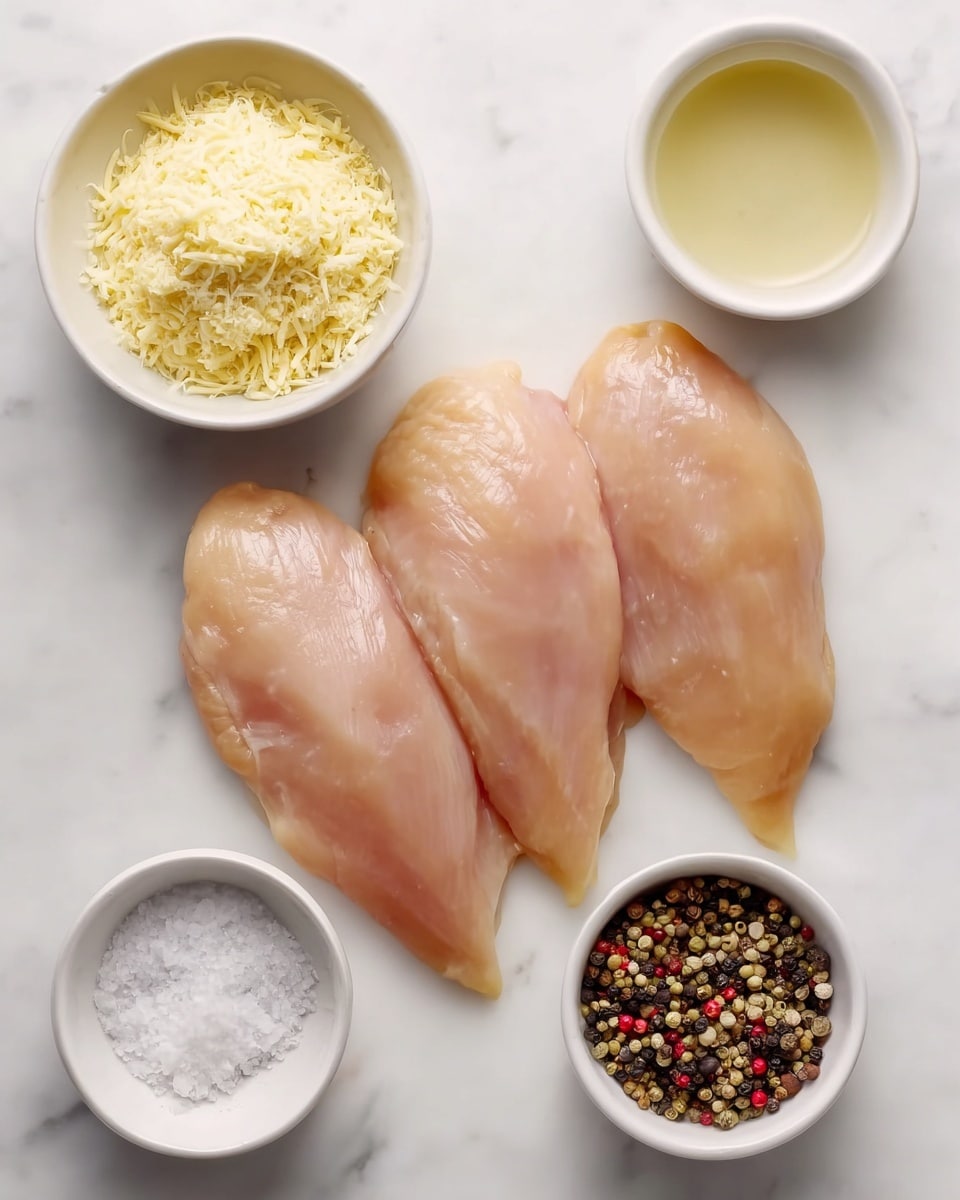 The image shows three raw pieces of chicken placed side by side on a white marbled surface. Above the chicken, there are two small white bowls: one filled with light yellow powder and the other with a clear liquid. Below the chicken, there are two more small white bowls, one filled with coarse white salt and the other with mixed black and red peppercorns. The textures of the chicken are smooth and slightly shiny, and the bowls are evenly spaced around the chicken pieces. Photo taken with an iphone --ar 4:5 --v 7