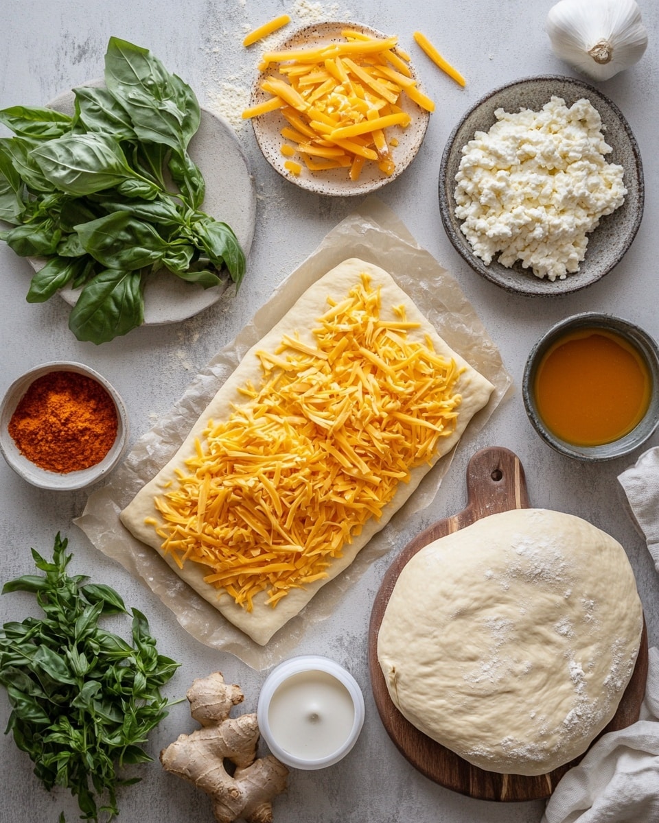 A rolled dough filled with shredded orange chicken filling is shown on a wooden board dusted with white flour. The dough is pale yellow with a smooth texture, wrapped tightly around the filling that shows threads of the bright orange chicken inside from the open end. The top of the roll is sprinkled with melted white cheese mixed with orange sauce, creating a glossy, slightly uneven layer covering the dough. The background is softly blurred, focusing attention on the roll, all set on a white marbled surface. photo taken with an iphone --ar 4:5 --v 7
