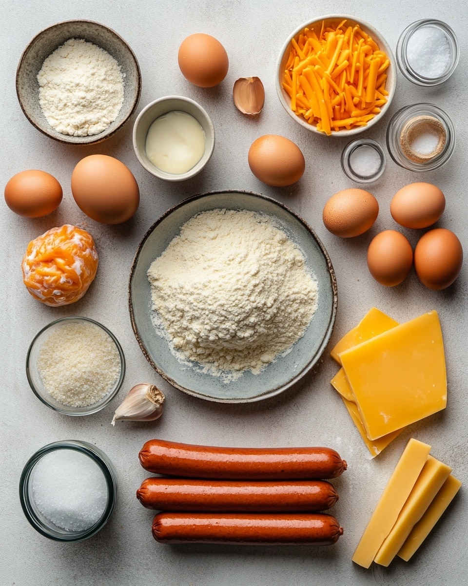 The image shows five cheese-filled sausages wrapped in golden brown, crispy pretzel dough with a shiny crust and sprinkled with coarse salt and small green herb bits. The cheese is melted and oozes out from the ends of the sausages, with a creamy yellow color and smooth texture. The sausages themselves have a reddish-brown, grilled look. In the background, there are two small white bowls, one filled with a reddish-brown sauce and the other with a creamy yellow sauce. All the food is placed on a wooden board set on a white marbled surface. photo taken with an iphone --ar 4:5 --v 7