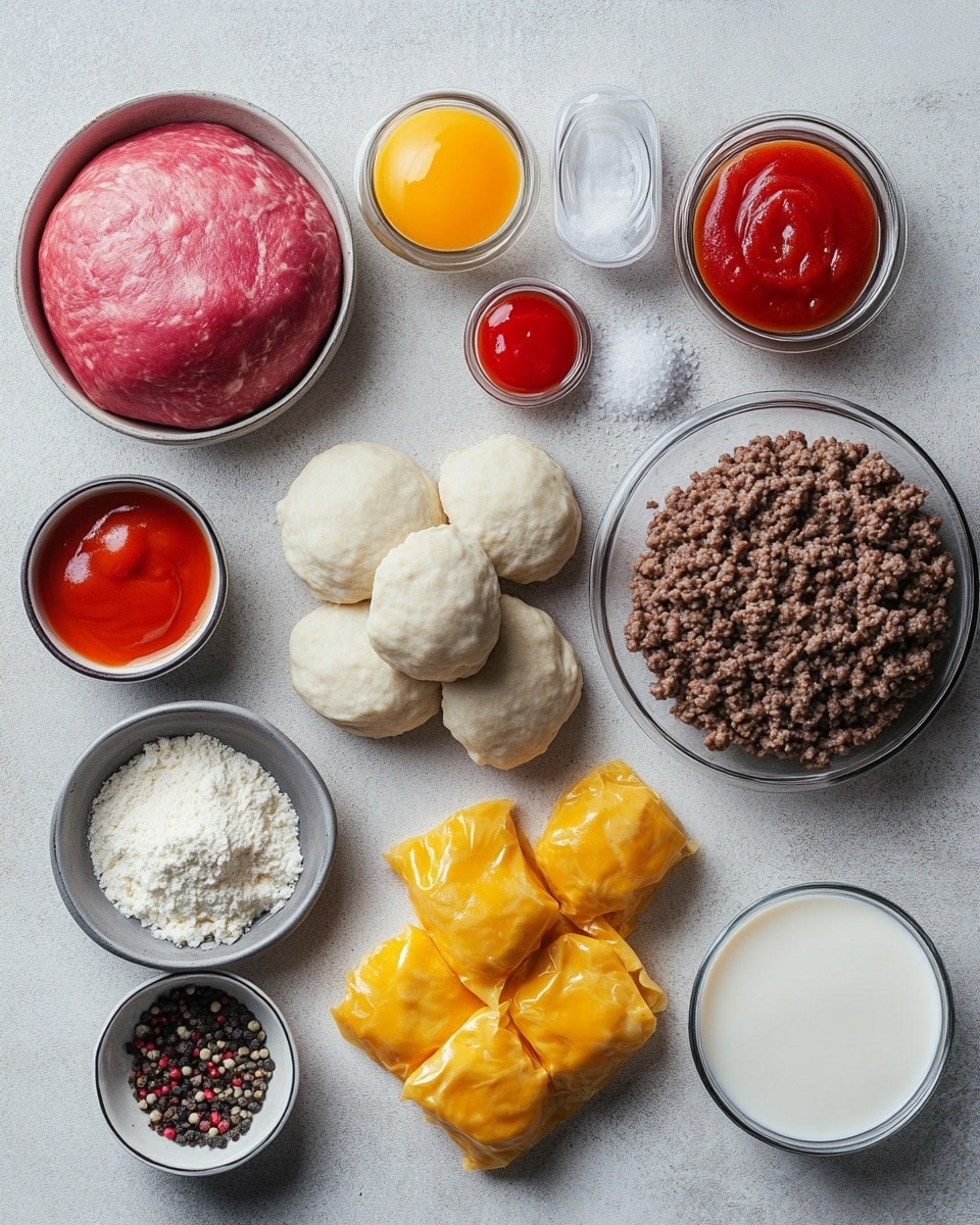 A round skillet filled with a two-layer savory dish sits on a white marbled surface with a dark cloth partially visible beneath. The bottom layer is golden and crumbly with bits of cooked ground meat and small red pieces mixed in. The top layer is melted cheddar cheese with more scattered browned ground meat and small red pieces. A large wedge has been removed from the dish exposing the inside layers and texture. The skillet has a rough black iron texture with a handle on the left side. photo taken with an iphone --ar 4:5 --v 7