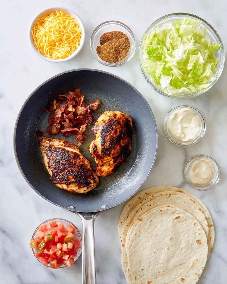 Two dark brown grilled chicken pieces sit in the center of a black frying pan with a metal handle, placed on a white marbled surface. Around the pan, there are six small white bowls and one clear glass bowl; the top left bowl contains shredded yellow cheese, the top middle bowl has crispy bacon bits, the top right bowl is filled with a white creamy sauce, the middle small bowl holds a light brown seasoning, the bottom left clear glass bowl shows green chopped lettuce, and the bottom small white bowl contains diced red tomatoes. To the right of the bowls, several white folded flour tortillas overlap each other, completing the scene. Photo taken with an iphone --ar 4:5 --v 7