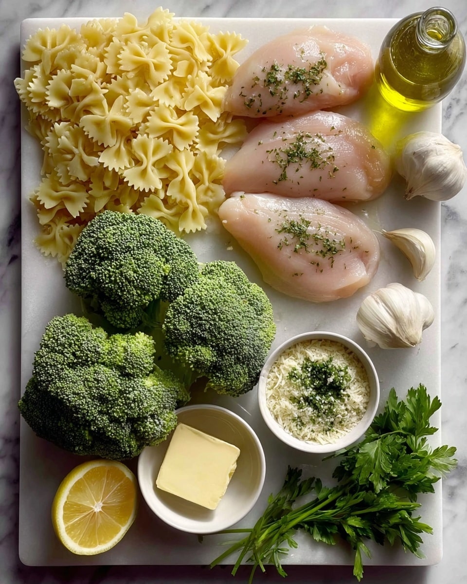 The image shows raw ingredients neatly arranged on a white marbled surface. At the top left, there is a pile of uncooked farfalle pasta with a yellow color and bow-tie shapes. Next to it on the right is a clear glass bottle filled with light olive oil. Below the bottle are two raw chicken breasts with a light pink color, lightly sprinkled with green herbs. On the left side, several pieces of bright green broccoli with a fresh texture are stacked. To the right, there are two white bowls: one filled with grated cheese topped with two slices of butter, and the other with finely chopped herbs mixed with cheese. Between the chicken and the bowls, there is a single clove of garlic. Below the chicken on the white marbled surface lies a halved yellow lemon, and next to it, a whole bulb of garlic is placed. A small bunch of fresh green parsley is positioned near the bowls. The overall scene is brightly lit, showing fresh and natural textures. Photo taken with an iphone --ar 4:5 --v 7