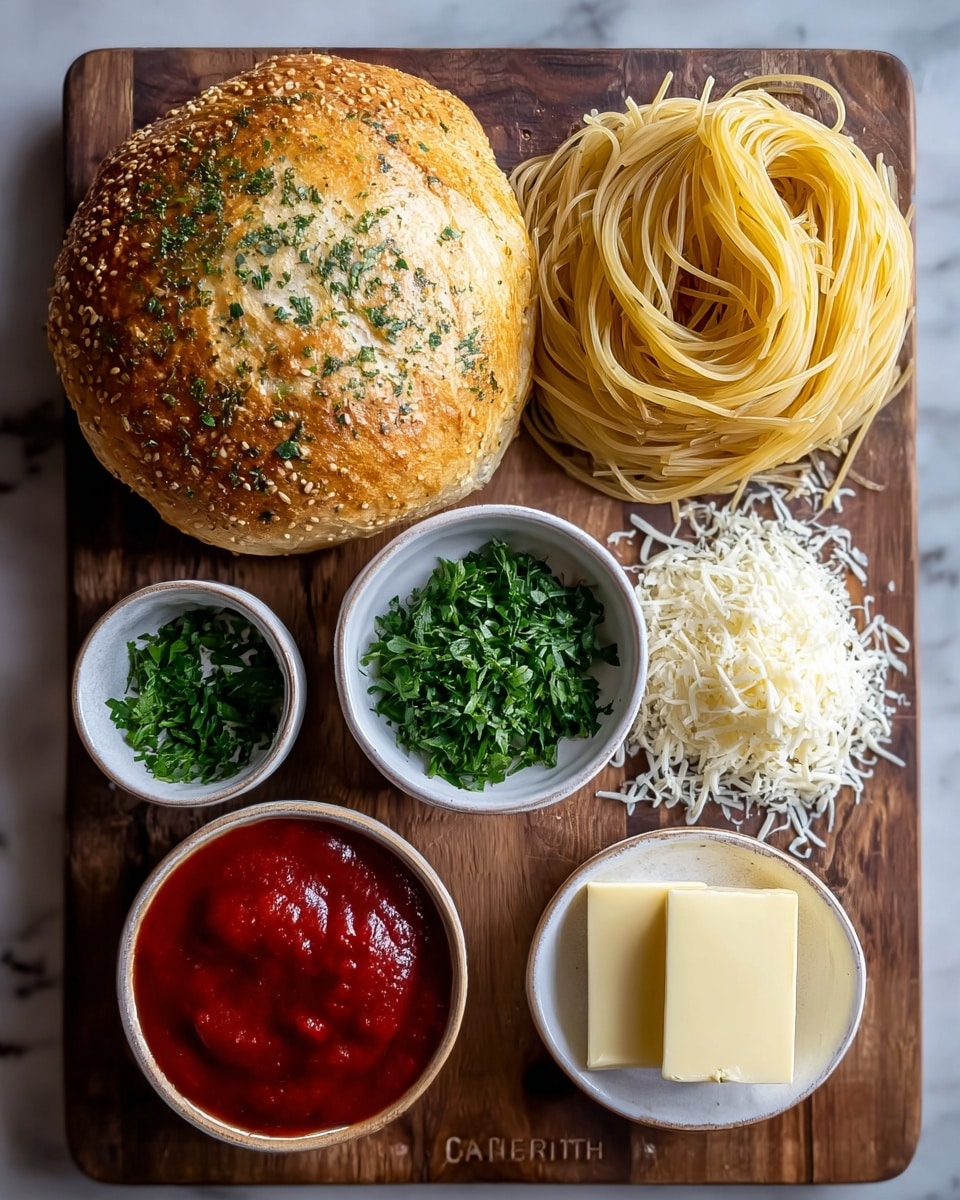 The image shows a round bread bowl filled with spaghetti layers. The first layer is the hollowed-out bread with a golden-brown crust and a soft light inside. Inside the bread is a layer of cooked spaghetti noodles in a rich red sauce mixed with ground meat. On top of the spaghetti is a melted white cheese layer sprinkled with green parsley pieces. The background has a white marbled texture with a few crumbs around. photo taken with an iphone --ar 4:5 --v 7