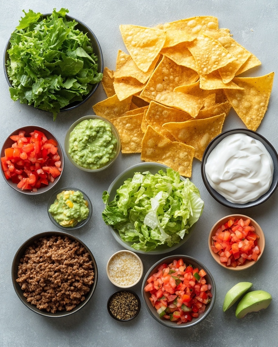 The image shows a small taco cup on a white plate on a white marbled surface. The taco cup has a crispy, light brown shell holding four layers: the bottom layer is ground beef spilling slightly onto the plate, above it is shredded lettuce mixed with melted yellow and white cheese, the third layer is green guacamole, and the top layer is a small dollop of white sour cream with diced red tomatoes on top. Behind this plate, there is a white tray with three more taco cups similar in shape and fillings. To the right, a white bowl filled with chunky red salsa sits on the white marbled surface. Near the front, some shredded cheese is scattered next to a black and white striped cloth. Photo taken with an iphone --ar 4:5 --v 7
