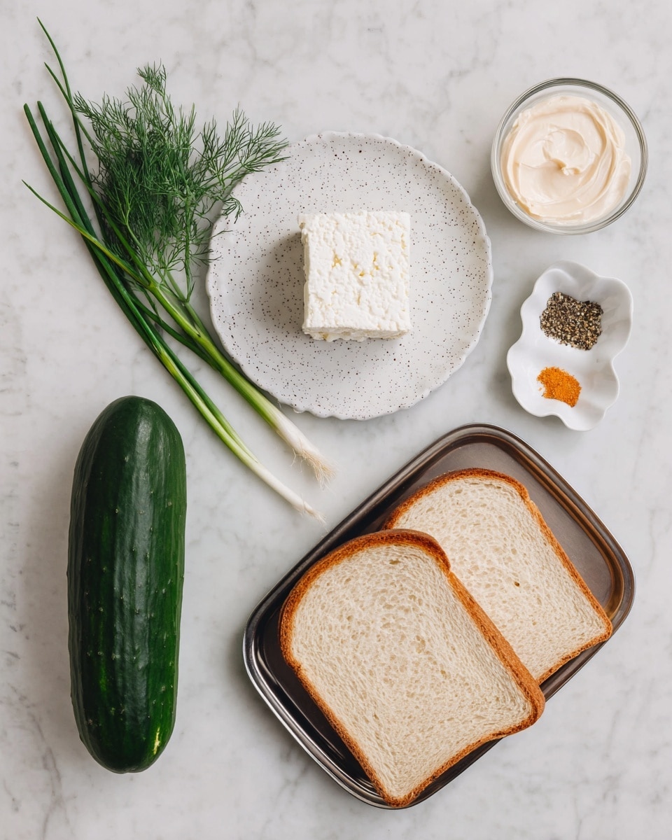 The image shows several small triangle sandwiches arranged on a wooden board. Each sandwich has three layers: the top and bottom layers are soft white bread, while the middle layer is a mix of creamy white spread with green herbs and light green cucumber slices. The sandwiches are placed on a white marbled surface with some fresh green chives and dill sprigs nearby. Photo taken with an iphone --ar 4:5 --v 7