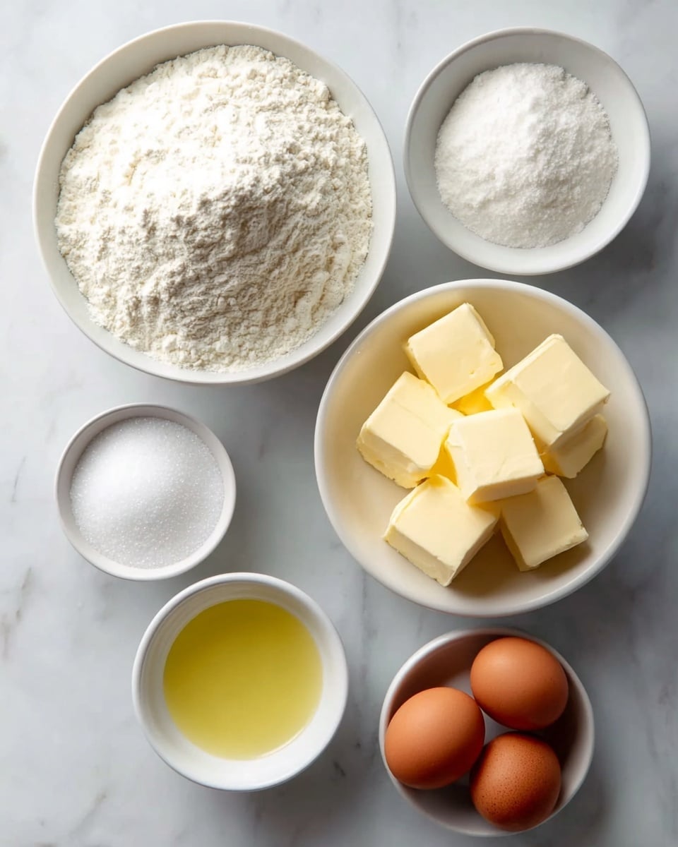 The image shows six white bowls and three brown eggs on a white marbled surface. The largest bowl is filled with powdery white flour. A medium bowl contains several cubes of pale yellow butter stacked on top of each other. One small bowl holds granulated white sugar, while another small bowl is filled with a clear pale yellow liquid, likely oil. Two other small bowls also have white granulated sugar or salt. Three smooth, brown eggs are placed together near the bowls. photo taken with an iphone --ar 4:5 --v 7