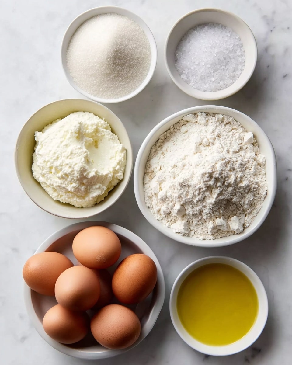 Six white bowls are set on a white marbled surface, each holding a different baking ingredient. One bowl contains a heap of fine white flour with a rough texture. Another bowl is filled with a yellowish liquid, likely oil, that has a smooth surface. A bowl with five brown eggs shows their smooth and matte shells, contrasting with the white bowl. One bowl holds a mound of white granulated sugar with a slightly crystalline texture. A smaller bowl contains fine white salt with a slight sparkle. The last bowl has a soft, fluffy white mixture that looks like ricotta or a similar cheese. The bowls are arranged in a loose circle, all clearly visible. Photo taken with an iphone --ar 4:5 --v 7