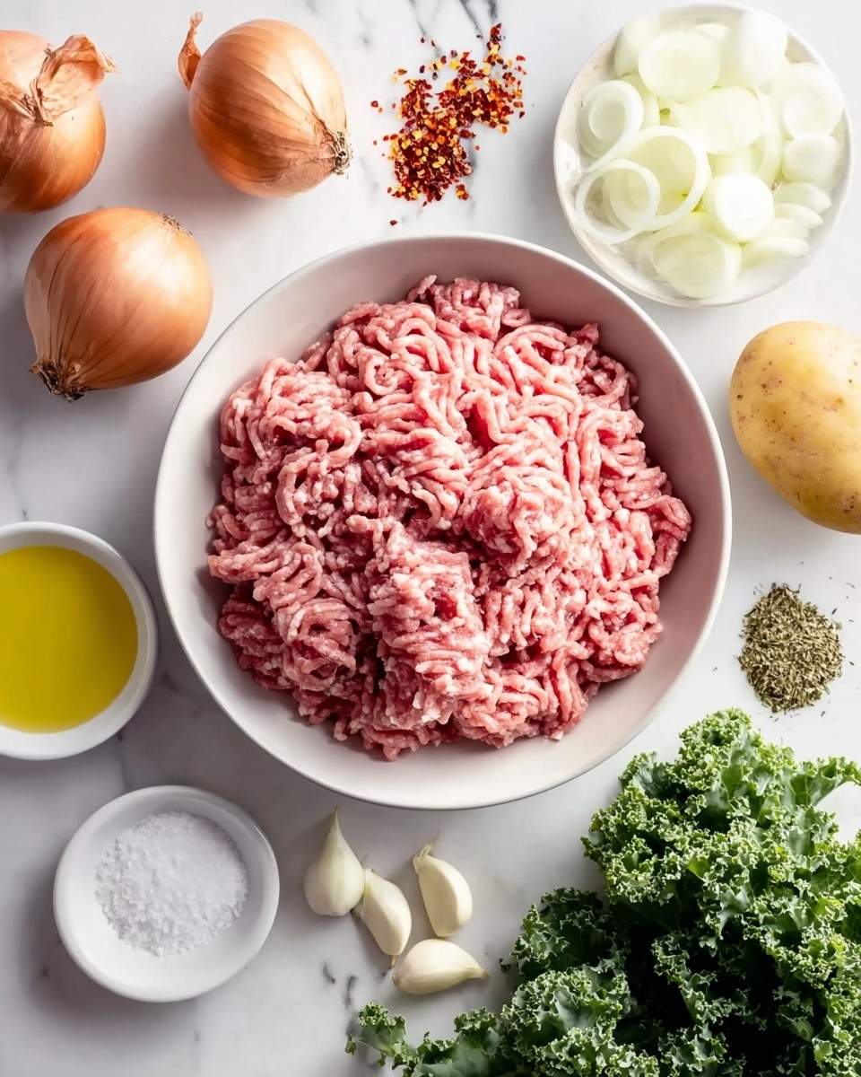 The image shows several ingredients neatly arranged on a white marbled surface. In the center, there is a white bowl filled with raw ground meat, showing a mix of pink and white colors with a soft texture. Surrounding the bowl are two whole yellow onions near the top left, a small white bowl of sliced white onions at the top right, and a small pile of dried herbs on the right side. Below the ground meat bowl, there is a light brown potato, three cloves of white garlic, and a bunch of fresh green kale with curly leaves. Also visible are a small white bowl of coarse salt near the bottom left and a larger white bowl filled with bright yellow olive oil toward the bottom center. Some chili flakes are scattered close to the onions on the left side. The overall scene is clean and well-lit, highlighting the fresh ingredients used for cooking photo taken with an iphone --ar 4:5 --v 7