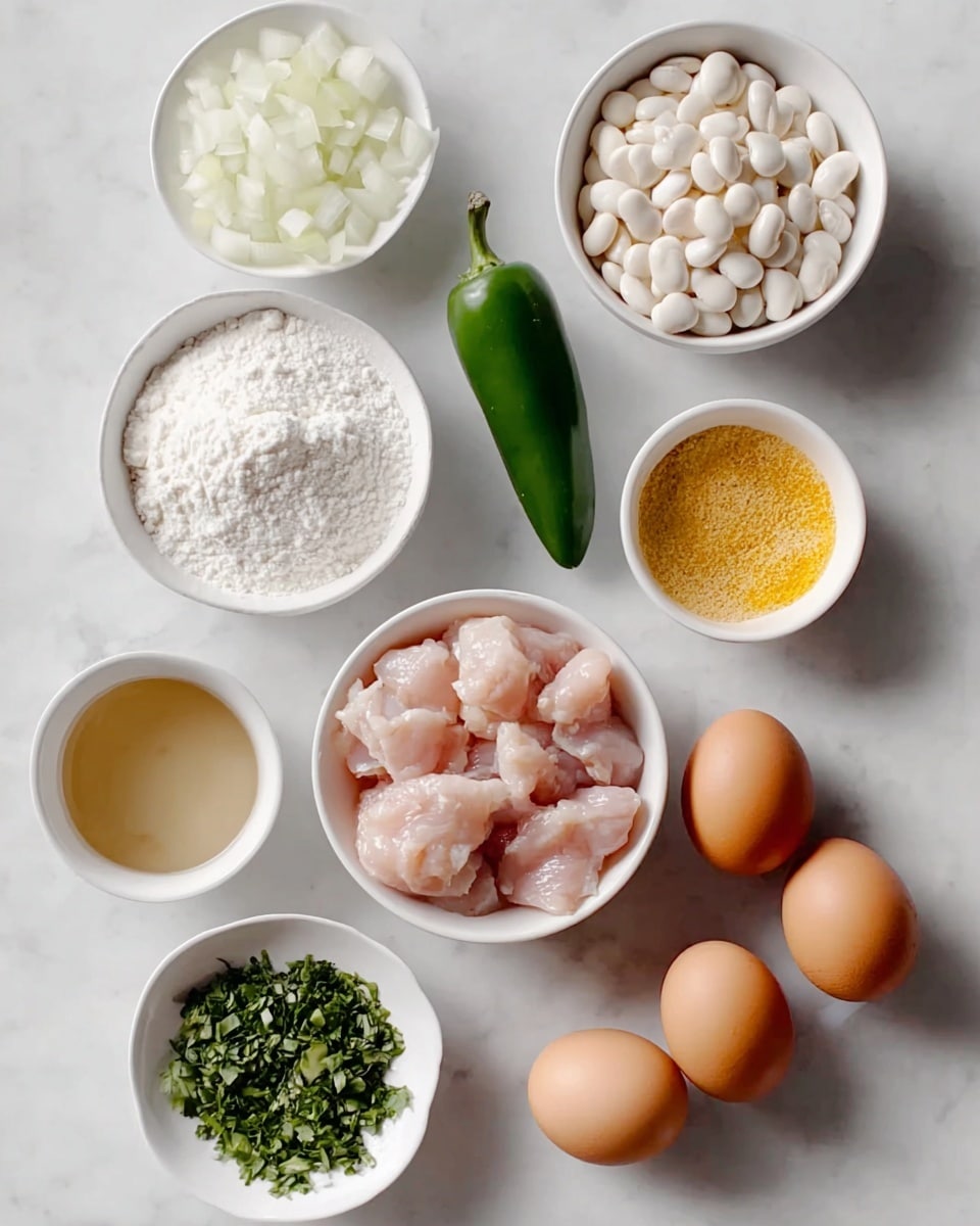 The image shows nine items arranged neatly on a white marbled surface: in the center is a white bowl filled with raw, light pink diced chicken pieces; above it to the right is a white bowl with white beans; next to the beans is a whole green jalapeño pepper; above the chicken to the left is a white bowl full of finely chopped white onions; below the onions is a small white bowl of yellow seasoning powder; next to it on the left is a small white bowl filled with white flour; below the flour is another white bowl with chopped green herbs; beside the herbs are three whole brown eggs arranged in a triangle; and last is a small white bowl containing a pale yellow liquid. Photo taken with an iphone --ar 4:5 --v 7