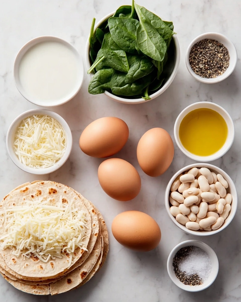 The image shows six brown eggs arranged in a loose cluster on a white marbled surface. To the top right, there is a white bowl filled with fresh green spinach leaves with visible veins and texture. Below the spinach bowl, a white bowl is filled with small white beans that appear smooth and plump. To the bottom left of the beans is a stack of light beige tortillas with soft brown spots, topped with a mound of shredded white cheese. Below the eggs, two small white bowls hold coarse white salt and black pepper, and to the bottom right is a white bowl filled with golden-yellow oil, all placed neatly on the white marbled surface. photo taken with an iphone --ar 4:5 --v 7